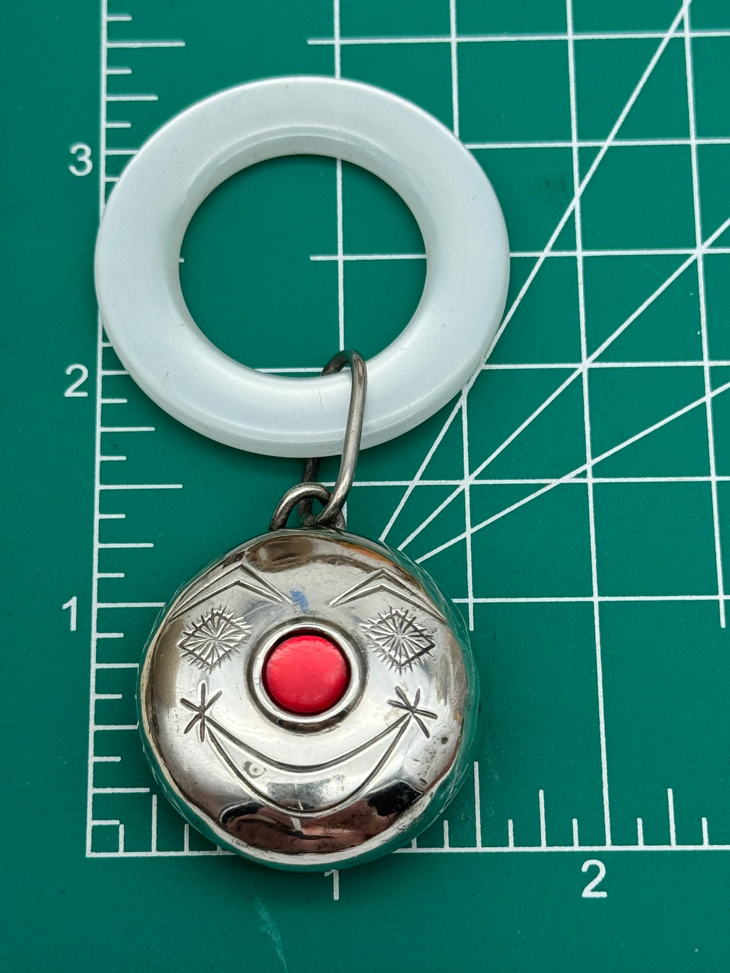 VINTAGE TOWLE Sterling Silver Rattle Teething Ring FAUX MOP Red Nose Clown Face