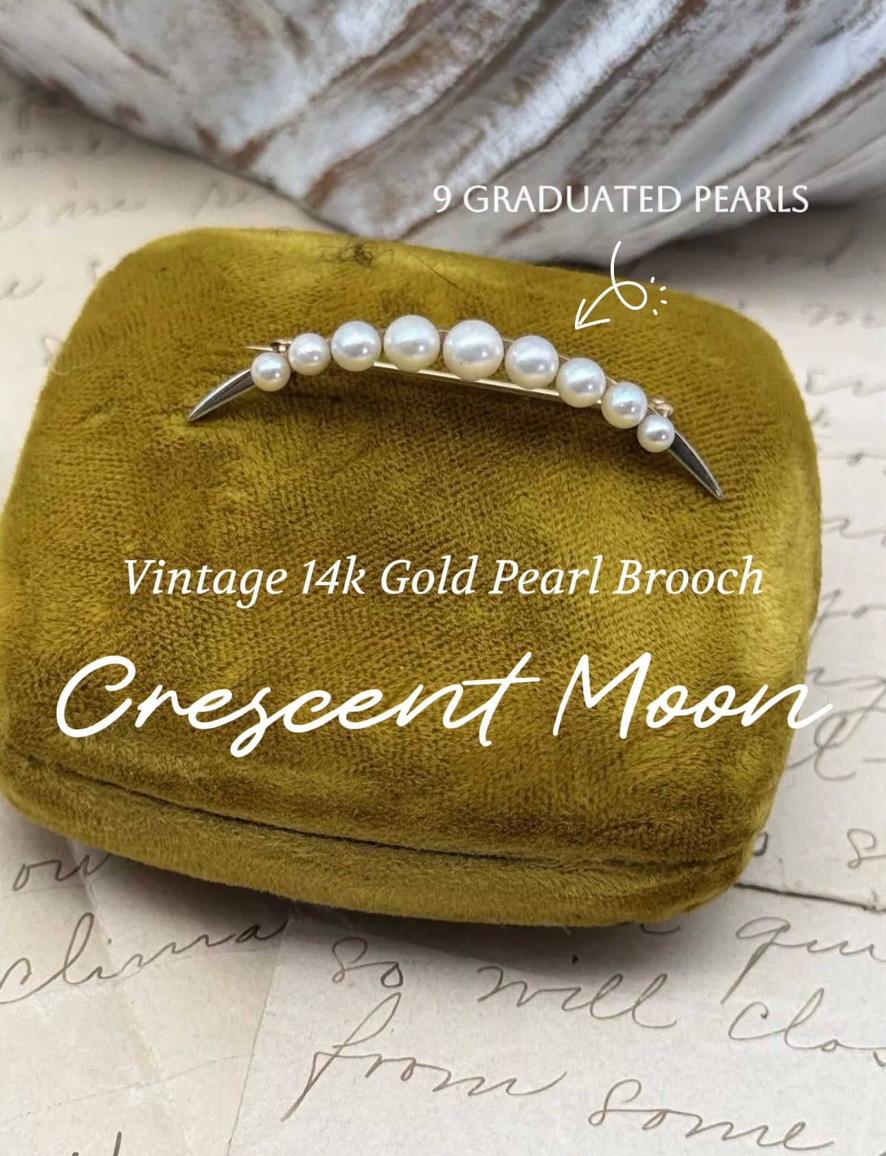Vintage 14k Gold Pearl Crescent Moon Brooch Graduated 9 Pearls