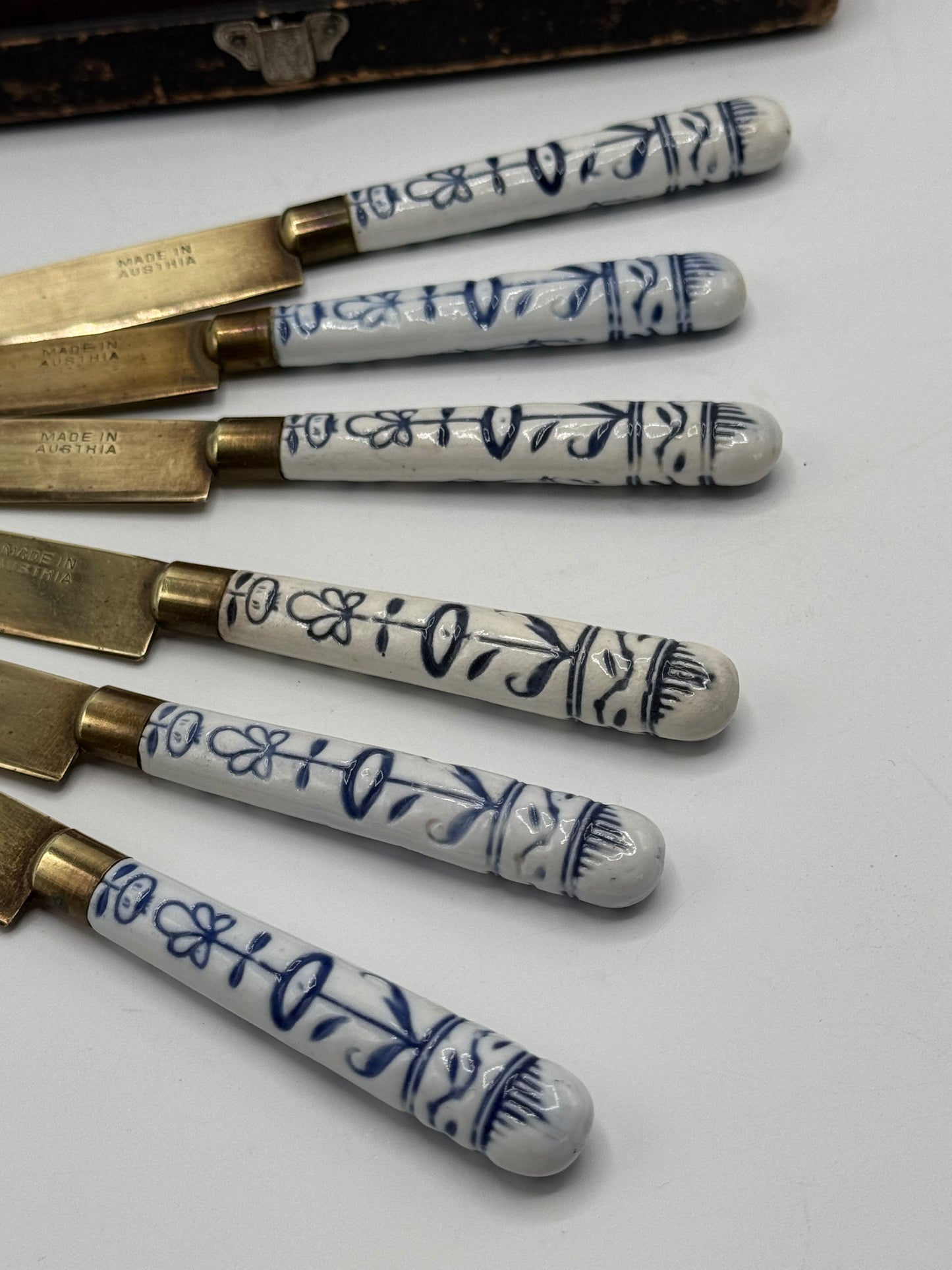 Antique Set 6 Fruit Knives Porcelain Handle Blue & White Made In Austria