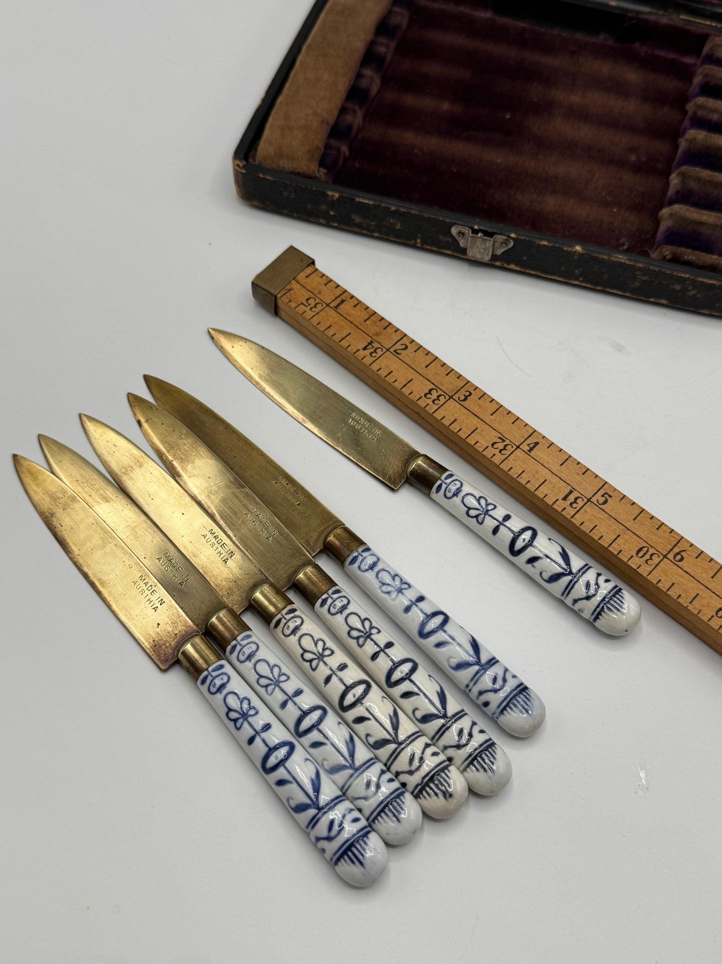 Antique Set 6 Fruit Knives Porcelain Handle Blue & White Made In Austria