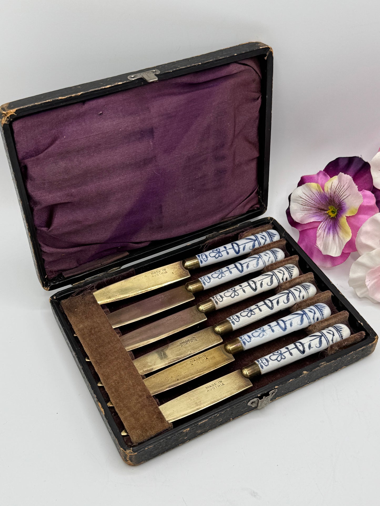 Antique Set 6 Fruit Knives Porcelain Handle Blue & White Made In Austria