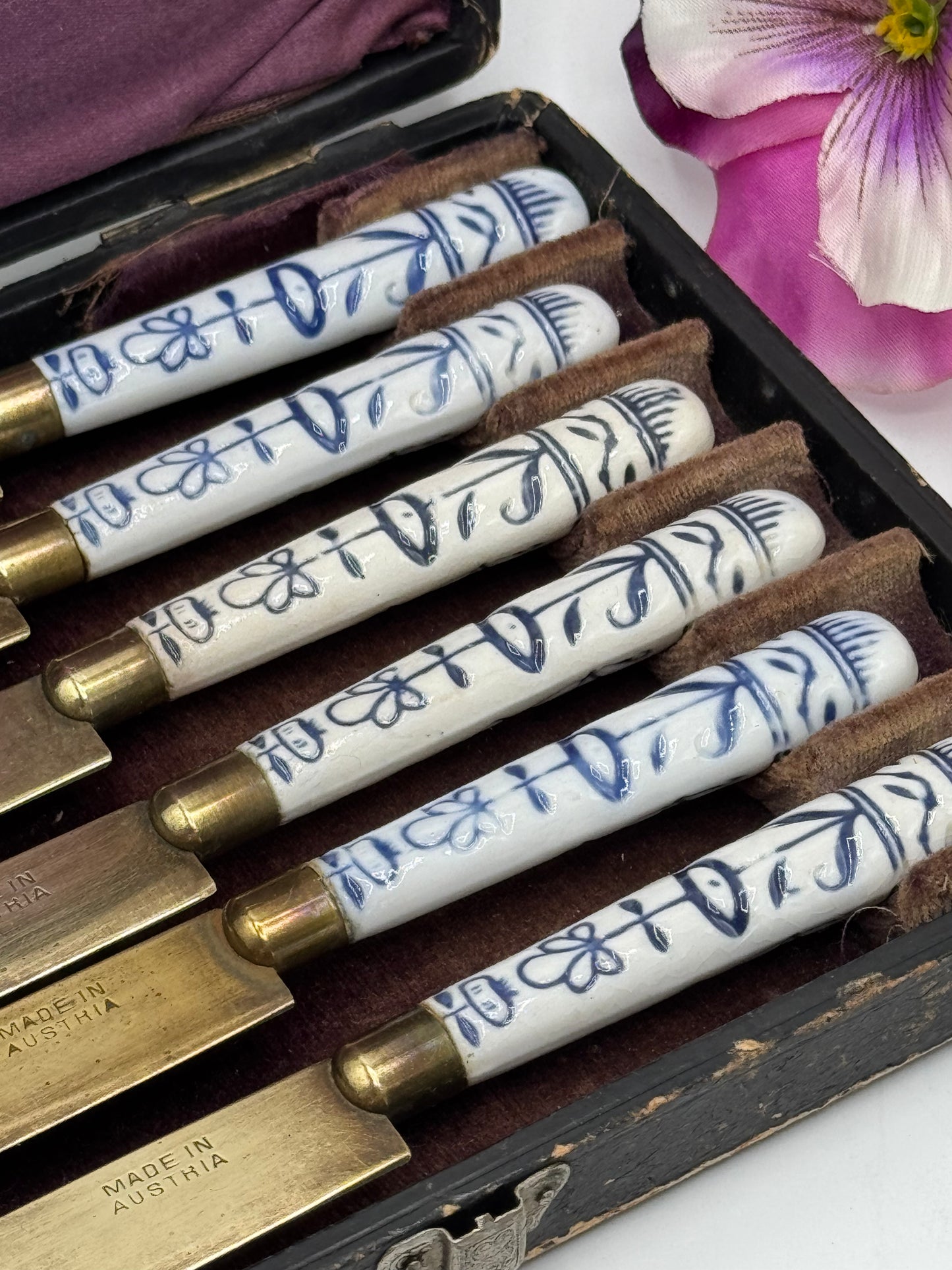 Antique Set 6 Fruit Knives Porcelain Handle Blue & White Made In Austria