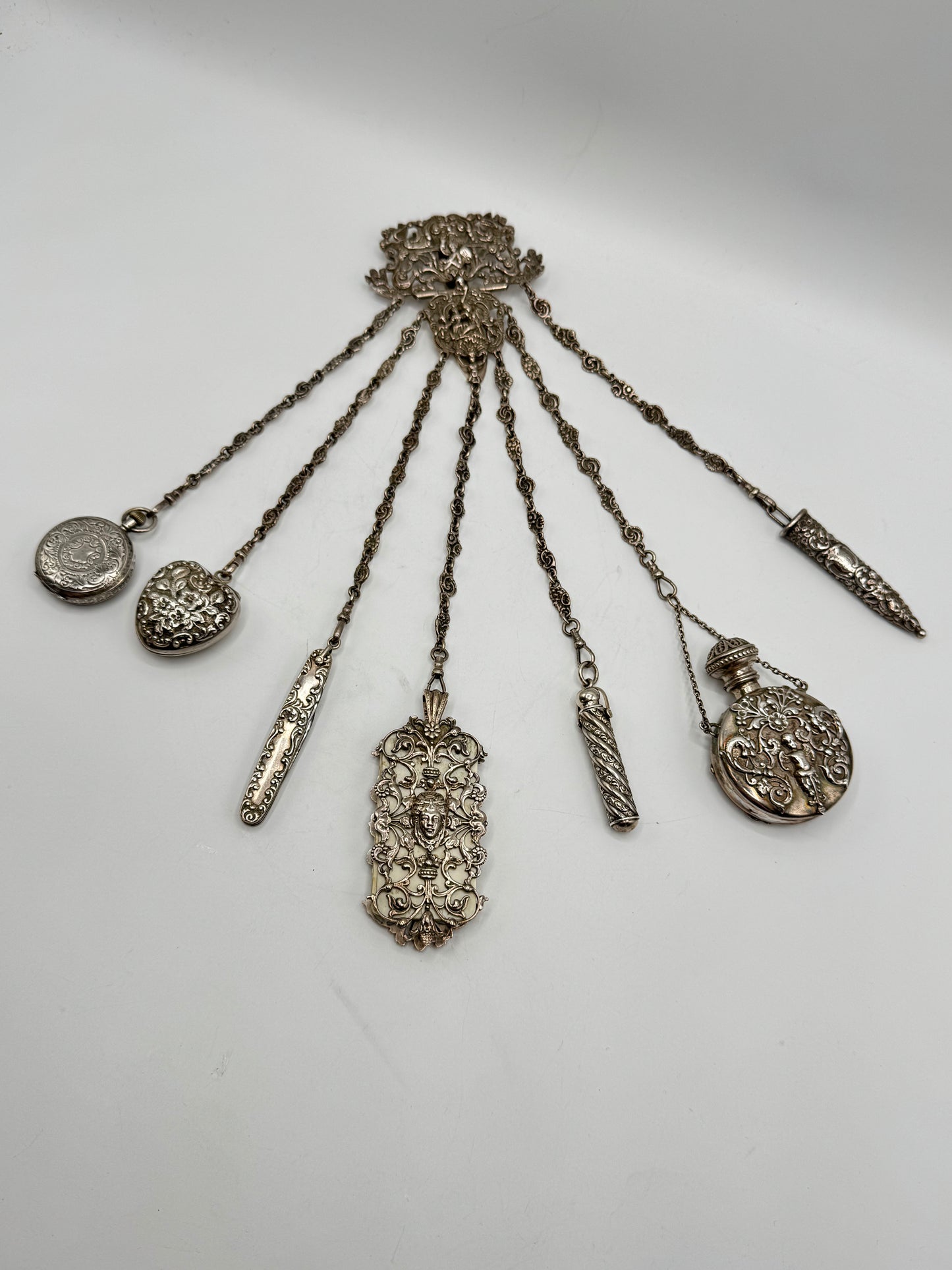 Antique STERLING 7 ARM CHATELAINE Ladies Pocket Watch Heart Locket Nail Set Notebook Telescopic Pencil Perfume Bottle Scissor Holder by GEORGE W. Schiebler