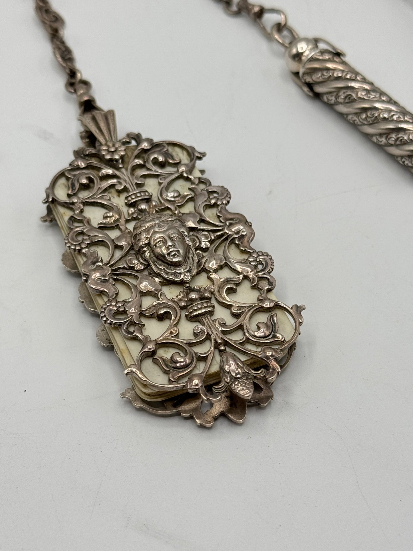 Antique STERLING 7 ARM CHATELAINE Ladies Pocket Watch Heart Locket Nail Set Notebook Telescopic Pencil Perfume Bottle Scissor Holder by GEORGE W. Schiebler