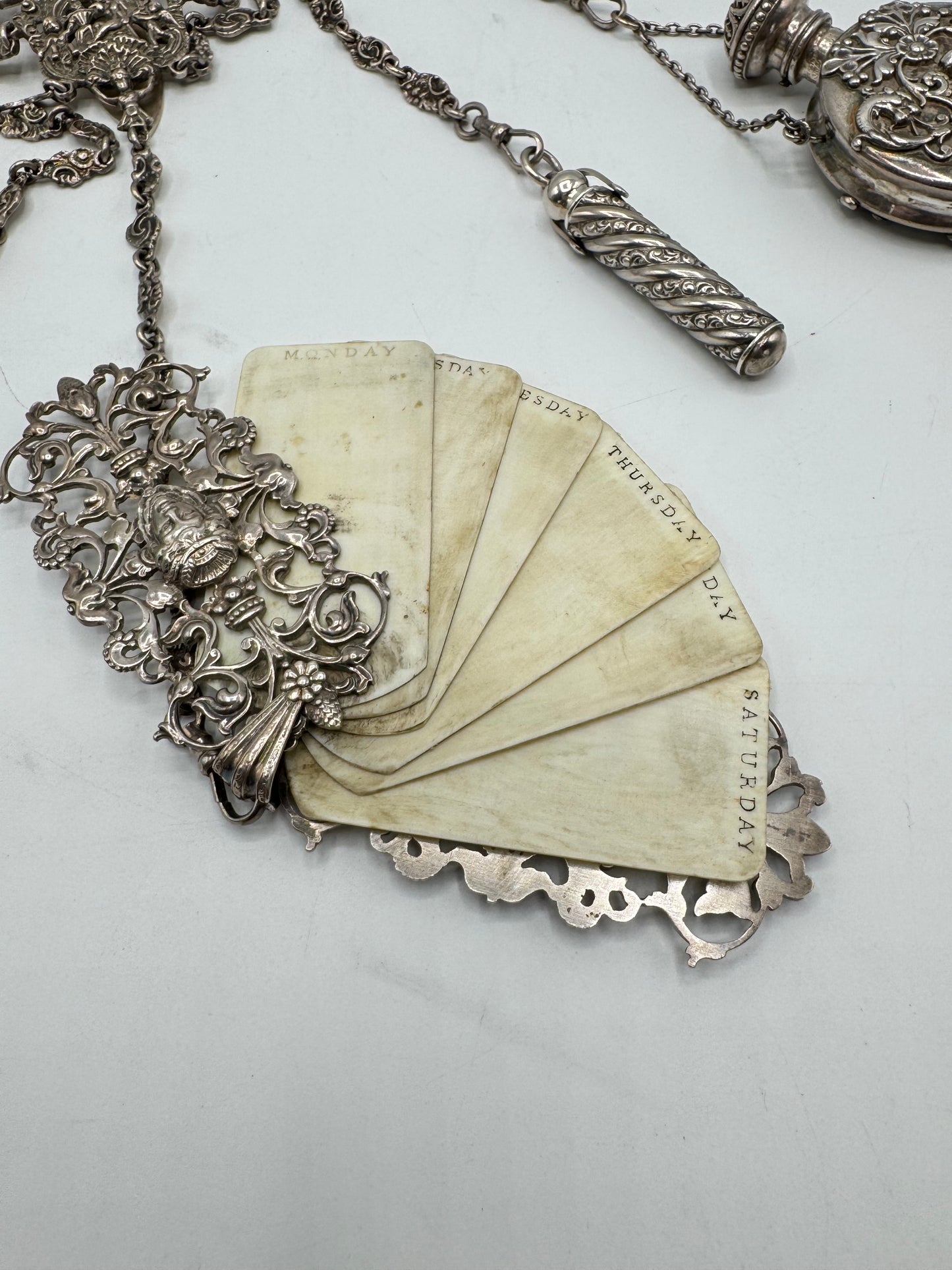 Antique STERLING 7 ARM CHATELAINE Ladies Pocket Watch Heart Locket Nail Set Notebook Telescopic Pencil Perfume Bottle Scissor Holder by GEORGE W. Schiebler