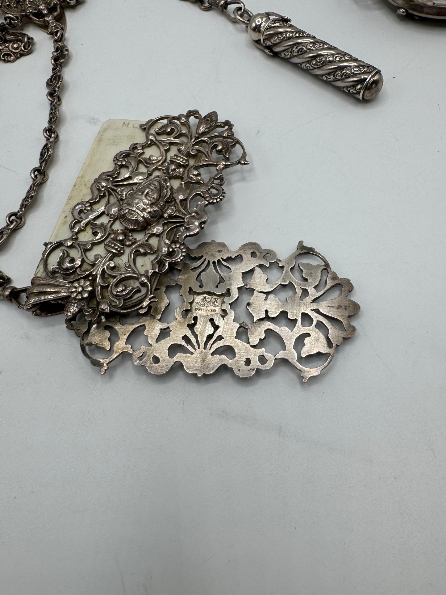 Antique STERLING 7 ARM CHATELAINE Ladies Pocket Watch Heart Locket Nail Set Notebook Telescopic Pencil Perfume Bottle Scissor Holder by GEORGE W. Schiebler