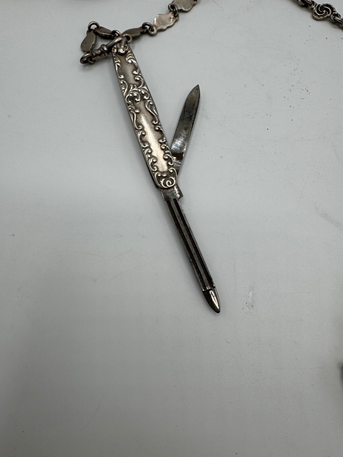 Antique STERLING 7 ARM CHATELAINE Ladies Pocket Watch Heart Locket Nail Set Notebook Telescopic Pencil Perfume Bottle Scissor Holder by GEORGE W. Schiebler