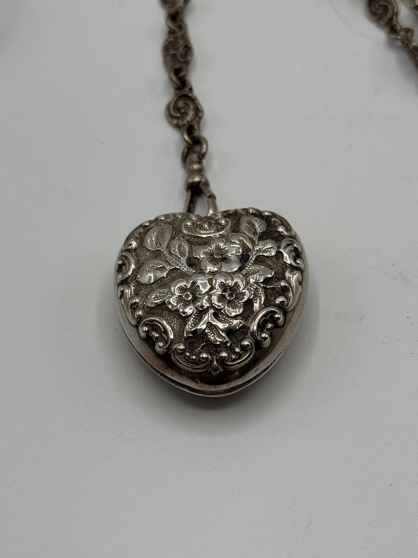 Antique STERLING 7 ARM CHATELAINE Ladies Pocket Watch Heart Locket Nail Set Notebook Telescopic Pencil Perfume Bottle Scissor Holder by GEORGE W. Schiebler
