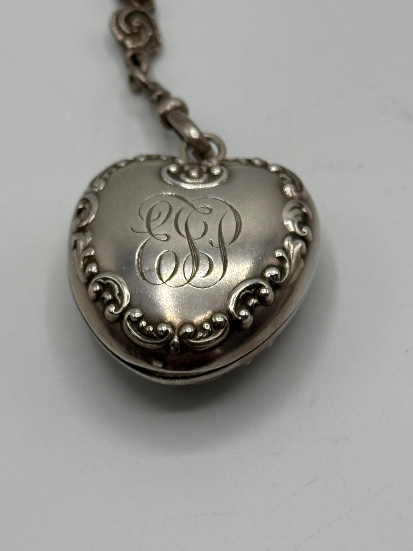 Antique STERLING 7 ARM CHATELAINE Ladies Pocket Watch Heart Locket Nail Set Notebook Telescopic Pencil Perfume Bottle Scissor Holder by GEORGE W. Schiebler