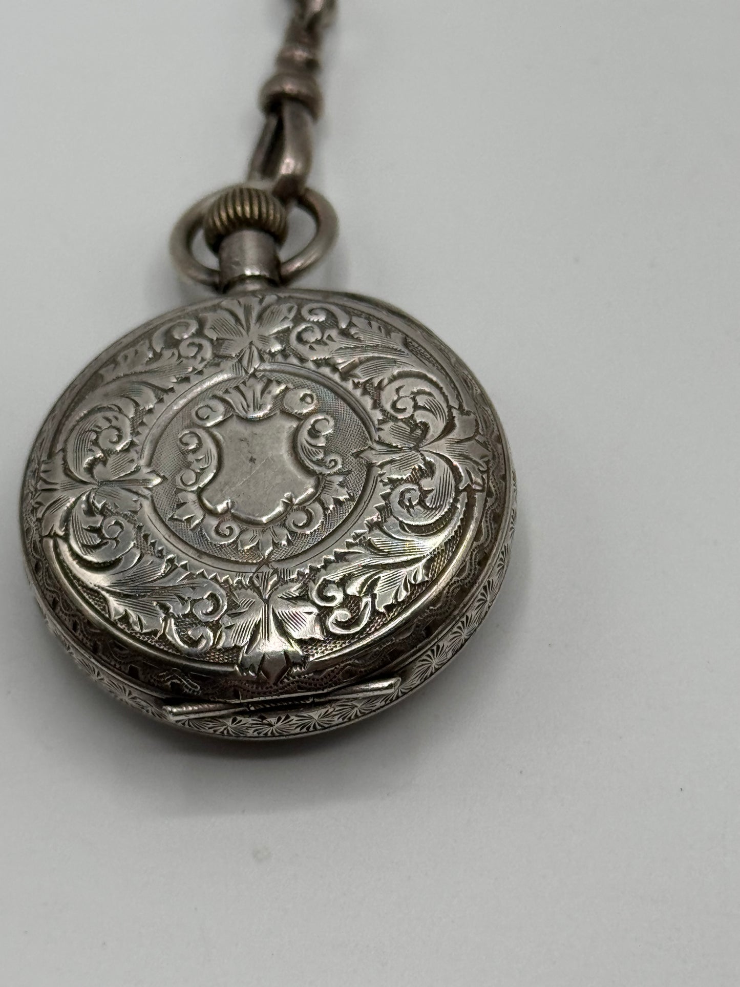 Antique STERLING 7 ARM CHATELAINE Ladies Pocket Watch Heart Locket Nail Set Notebook Telescopic Pencil Perfume Bottle Scissor Holder by GEORGE W. Schiebler