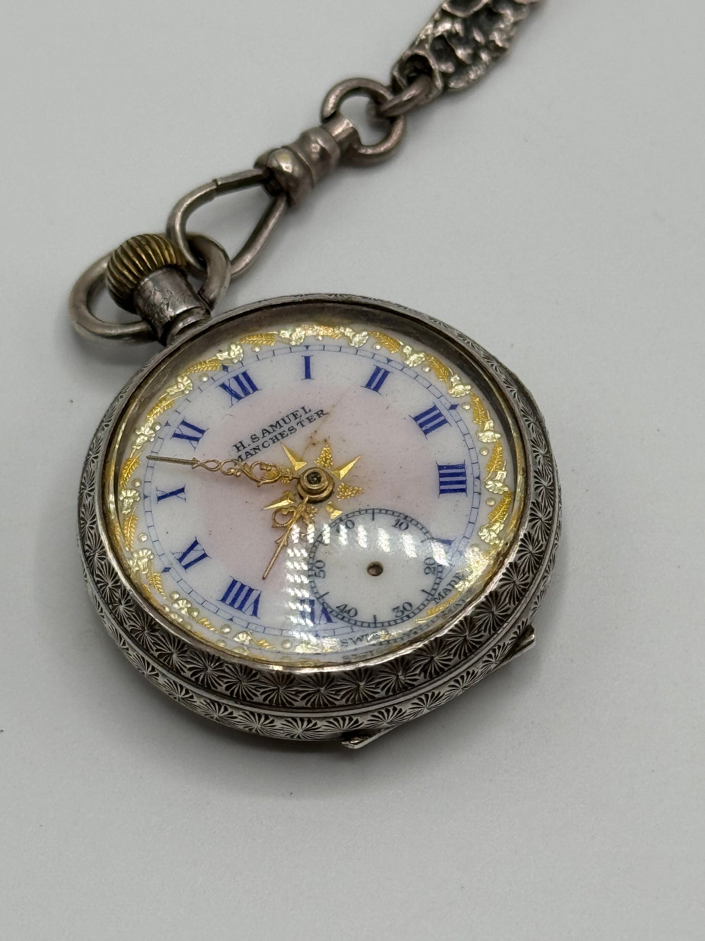 Antique STERLING 7 ARM CHATELAINE Ladies Pocket Watch Heart Locket Nail Set Notebook Telescopic Pencil Perfume Bottle Scissor Holder by GEORGE W. Schiebler