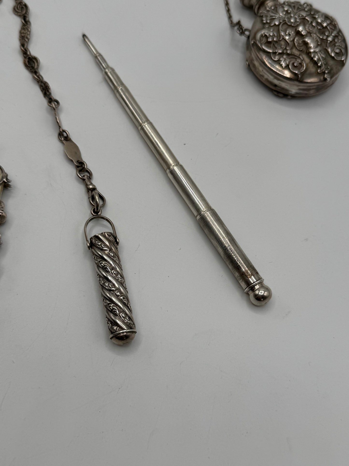 Antique STERLING 7 ARM CHATELAINE Ladies Pocket Watch Heart Locket Nail Set Notebook Telescopic Pencil Perfume Bottle Scissor Holder by GEORGE W. Schiebler
