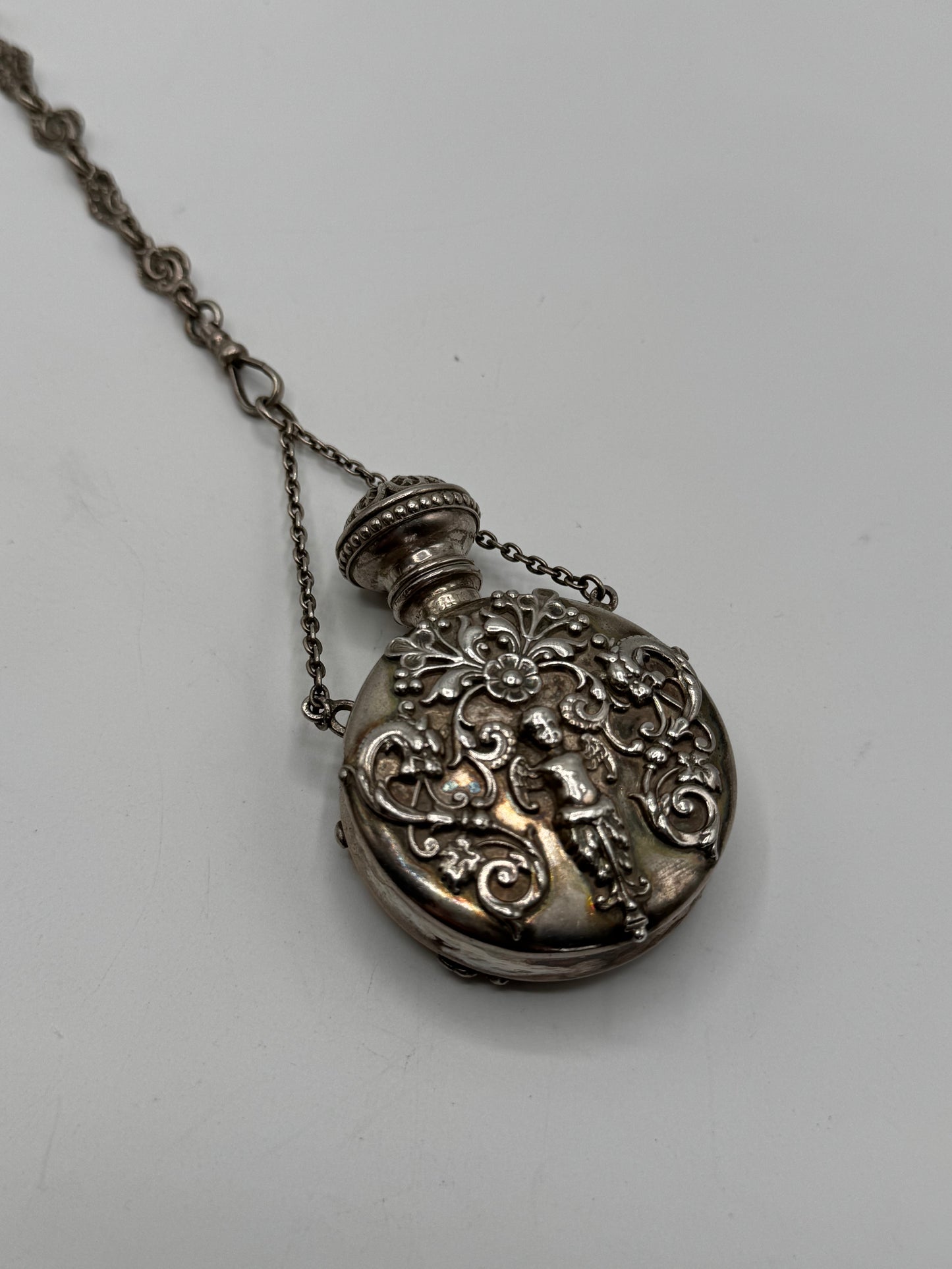 Antique STERLING 7 ARM CHATELAINE Ladies Pocket Watch Heart Locket Nail Set Notebook Telescopic Pencil Perfume Bottle Scissor Holder by GEORGE W. Schiebler