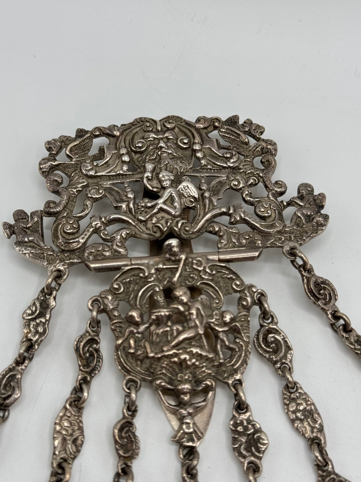 Antique STERLING 7 ARM CHATELAINE Ladies Pocket Watch Heart Locket Nail Set Notebook Telescopic Pencil Perfume Bottle Scissor Holder by GEORGE W. Schiebler