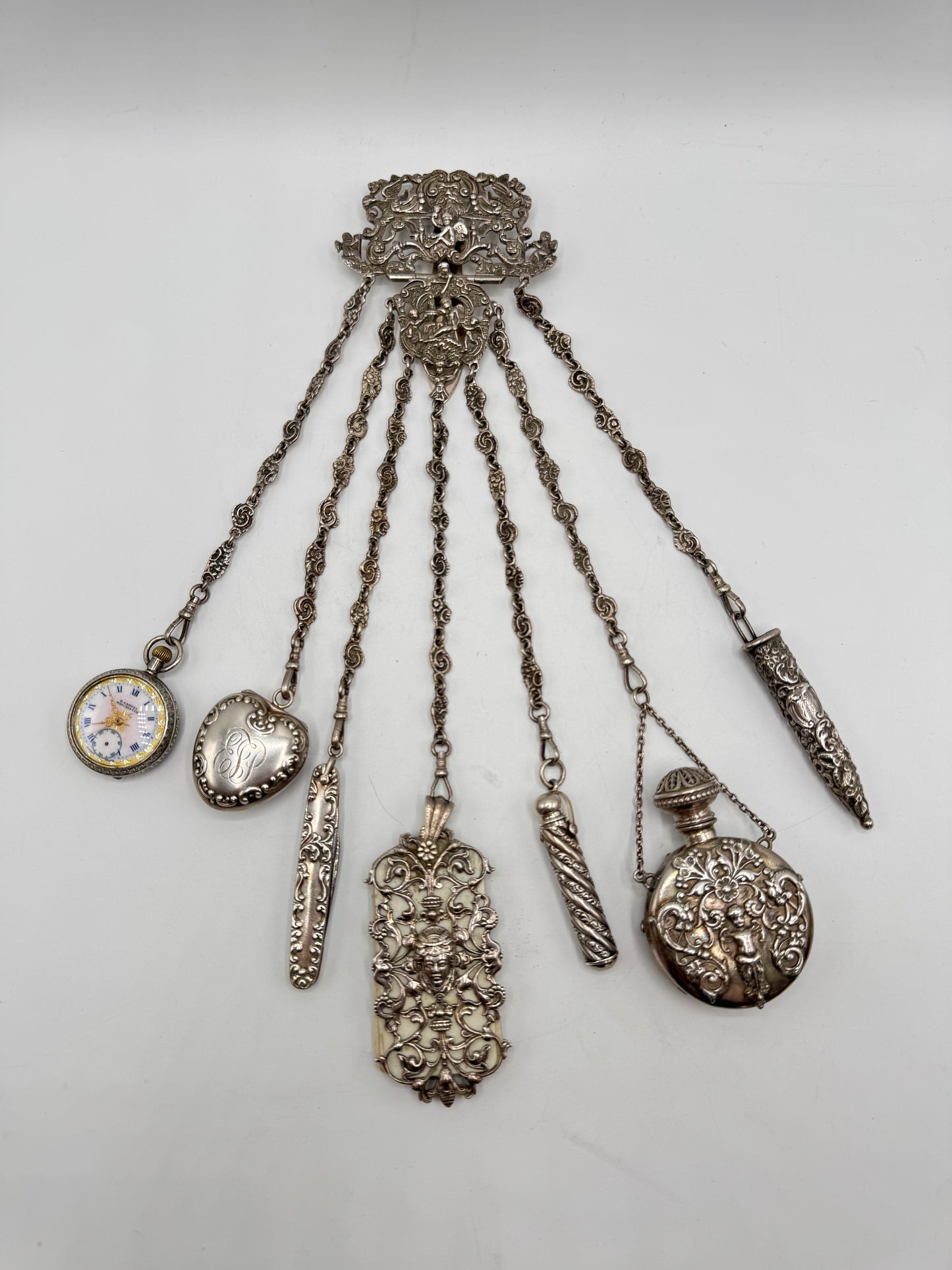 Antique STERLING 7 ARM CHATELAINE Ladies Pocket Watch Heart Locket Nail Set Notebook Telescopic Pencil Perfume Bottle Scissor Holder by GEORGE W. Schiebler