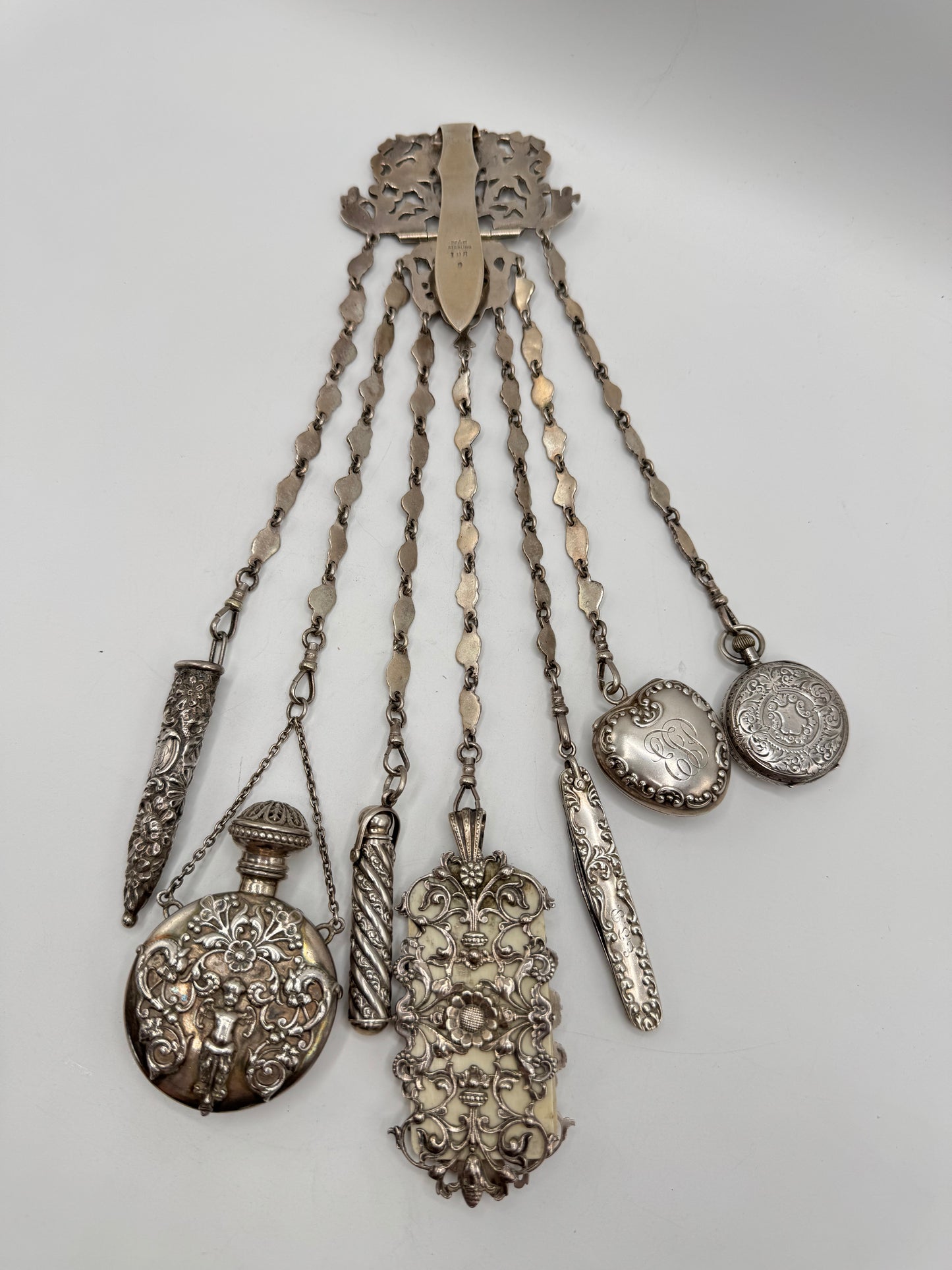 Antique STERLING 7 ARM CHATELAINE Ladies Pocket Watch Heart Locket Nail Set Notebook Telescopic Pencil Perfume Bottle Scissor Holder by GEORGE W. Schiebler