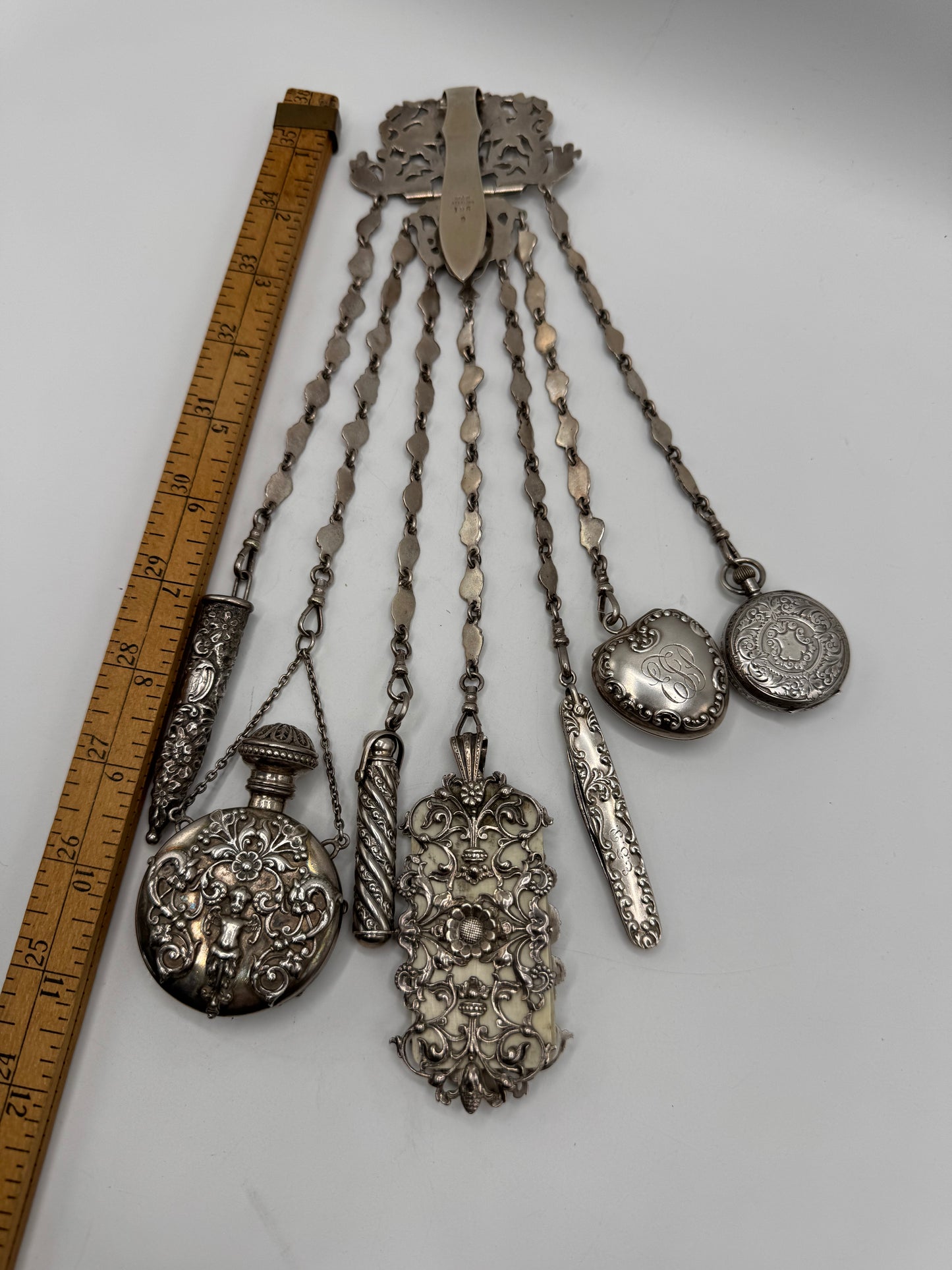 Antique STERLING 7 ARM CHATELAINE Ladies Pocket Watch Heart Locket Nail Set Notebook Telescopic Pencil Perfume Bottle Scissor Holder by GEORGE W. Schiebler