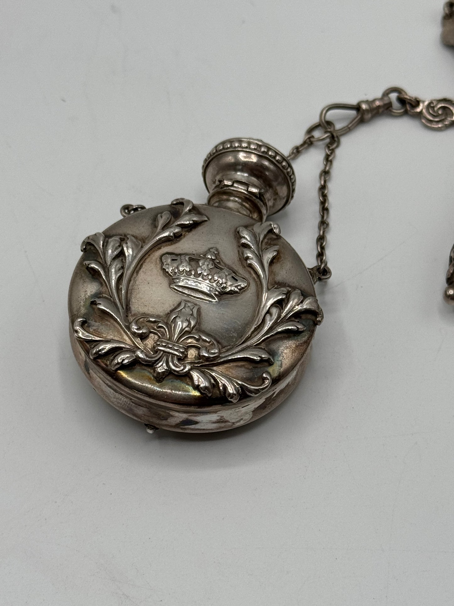 Antique STERLING 7 ARM CHATELAINE Ladies Pocket Watch Heart Locket Nail Set Notebook Telescopic Pencil Perfume Bottle Scissor Holder by GEORGE W. Schiebler