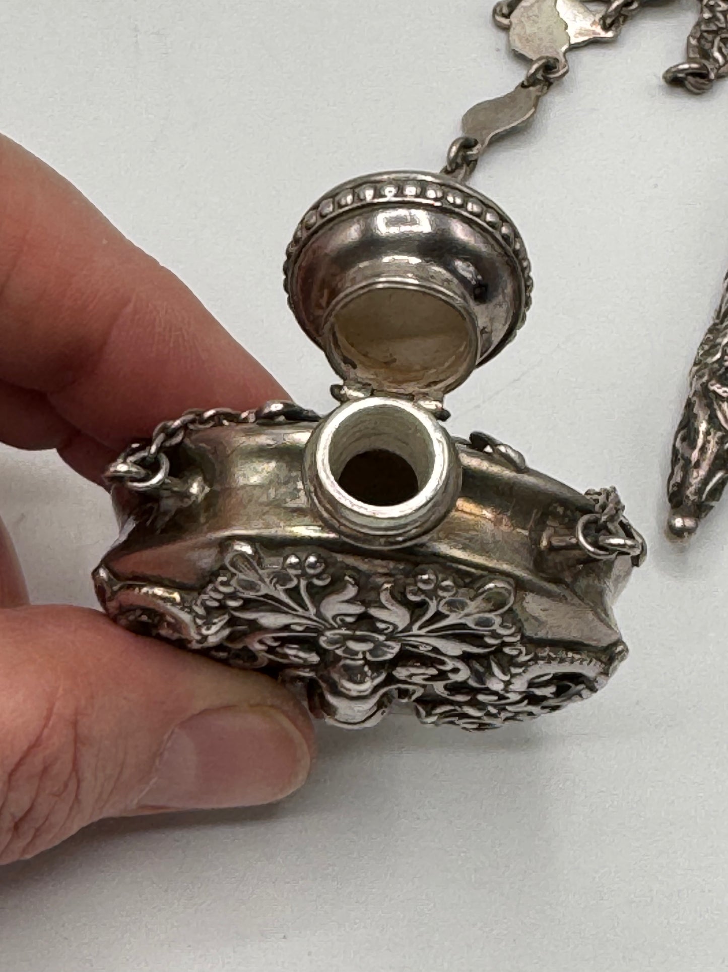 Antique STERLING 7 ARM CHATELAINE Ladies Pocket Watch Heart Locket Nail Set Notebook Telescopic Pencil Perfume Bottle Scissor Holder by GEORGE W. Schiebler