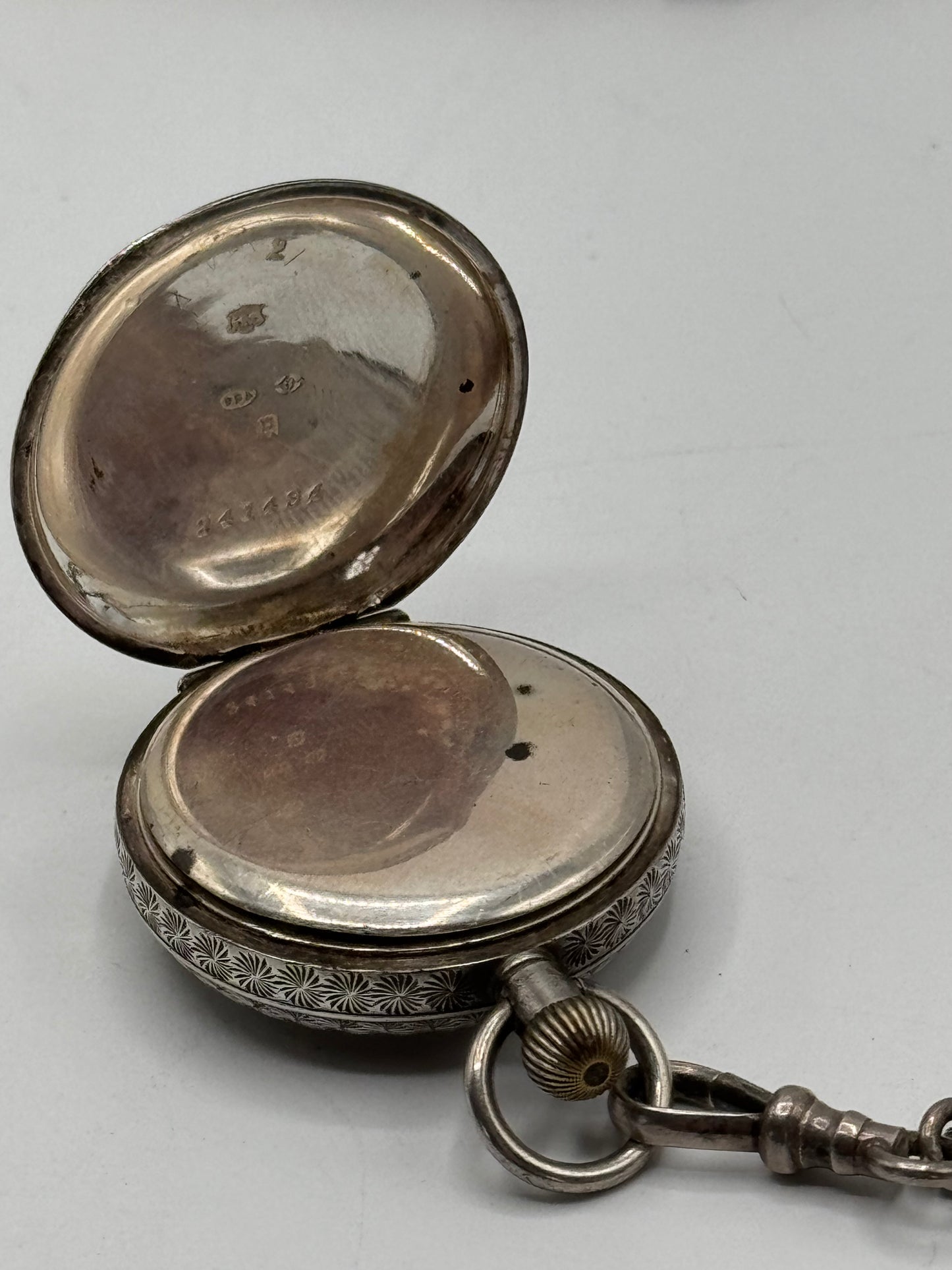 Antique STERLING 7 ARM CHATELAINE Ladies Pocket Watch Heart Locket Nail Set Notebook Telescopic Pencil Perfume Bottle Scissor Holder by GEORGE W. Schiebler