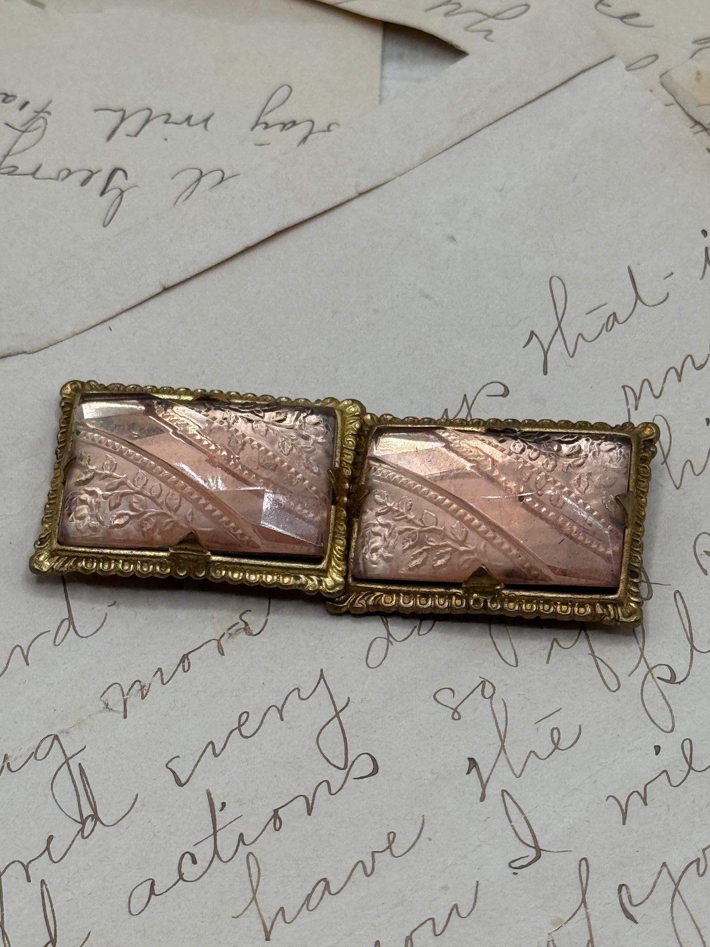 Antique Blush Pink Glass Brass Belt Buckle Black Taffeta Ribbon 2 X Circa 25”