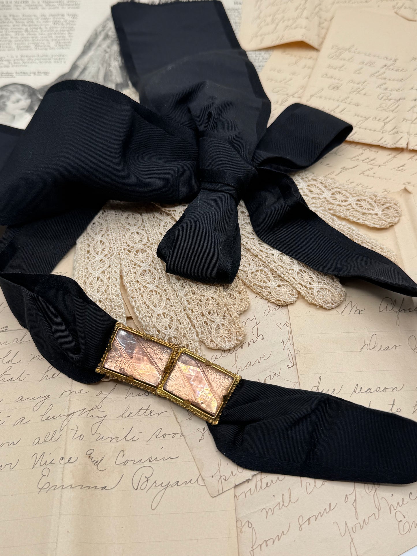 Antique Blush Pink Glass Brass Belt Buckle Black Taffeta Ribbon 2 X Circa 25”