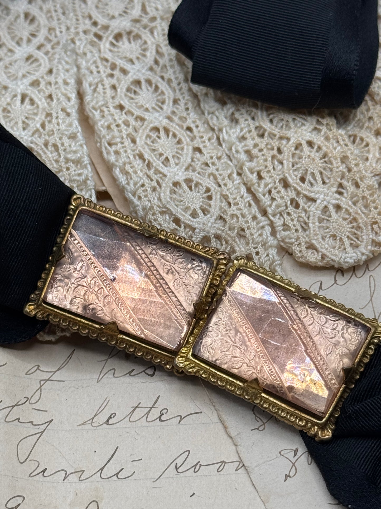 Antique Blush Pink Glass Brass Belt Buckle Black Taffeta Ribbon 2 X Circa 25”