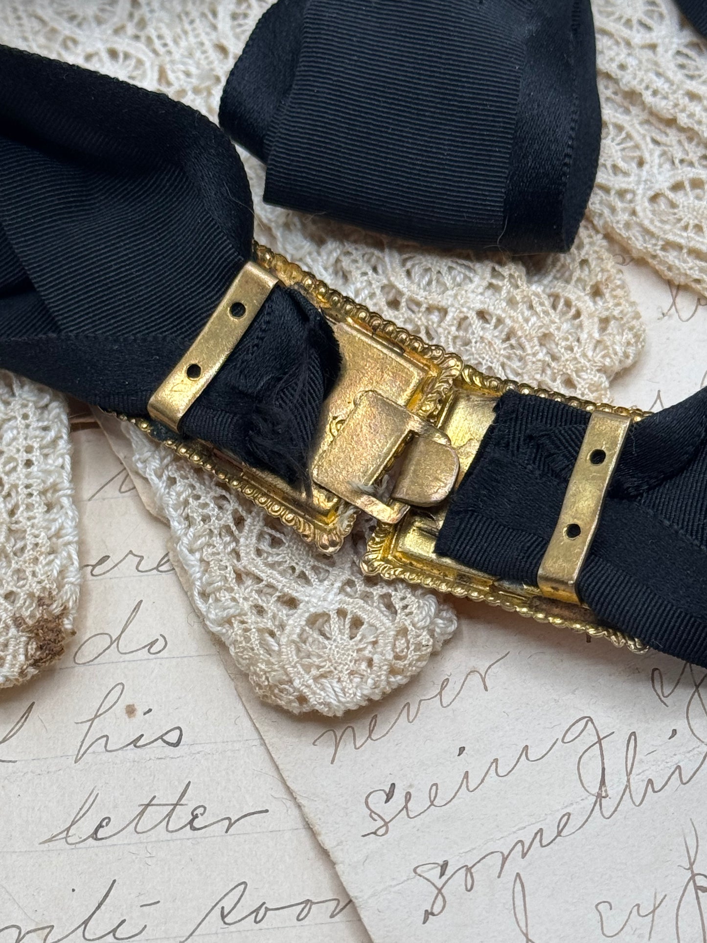Antique Blush Pink Glass Brass Belt Buckle Black Taffeta Ribbon 2 X Circa 25”