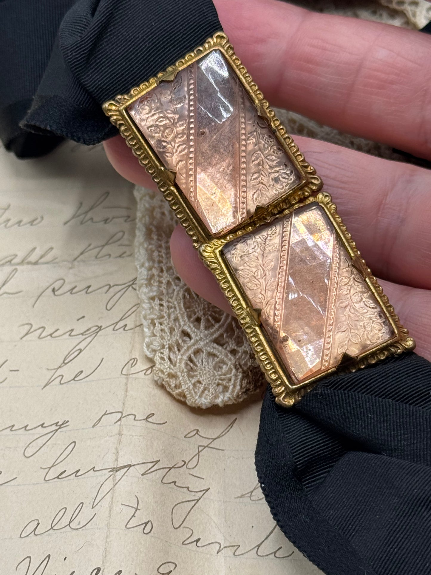 Antique Blush Pink Glass Brass Belt Buckle Black Taffeta Ribbon 2 X Circa 25”