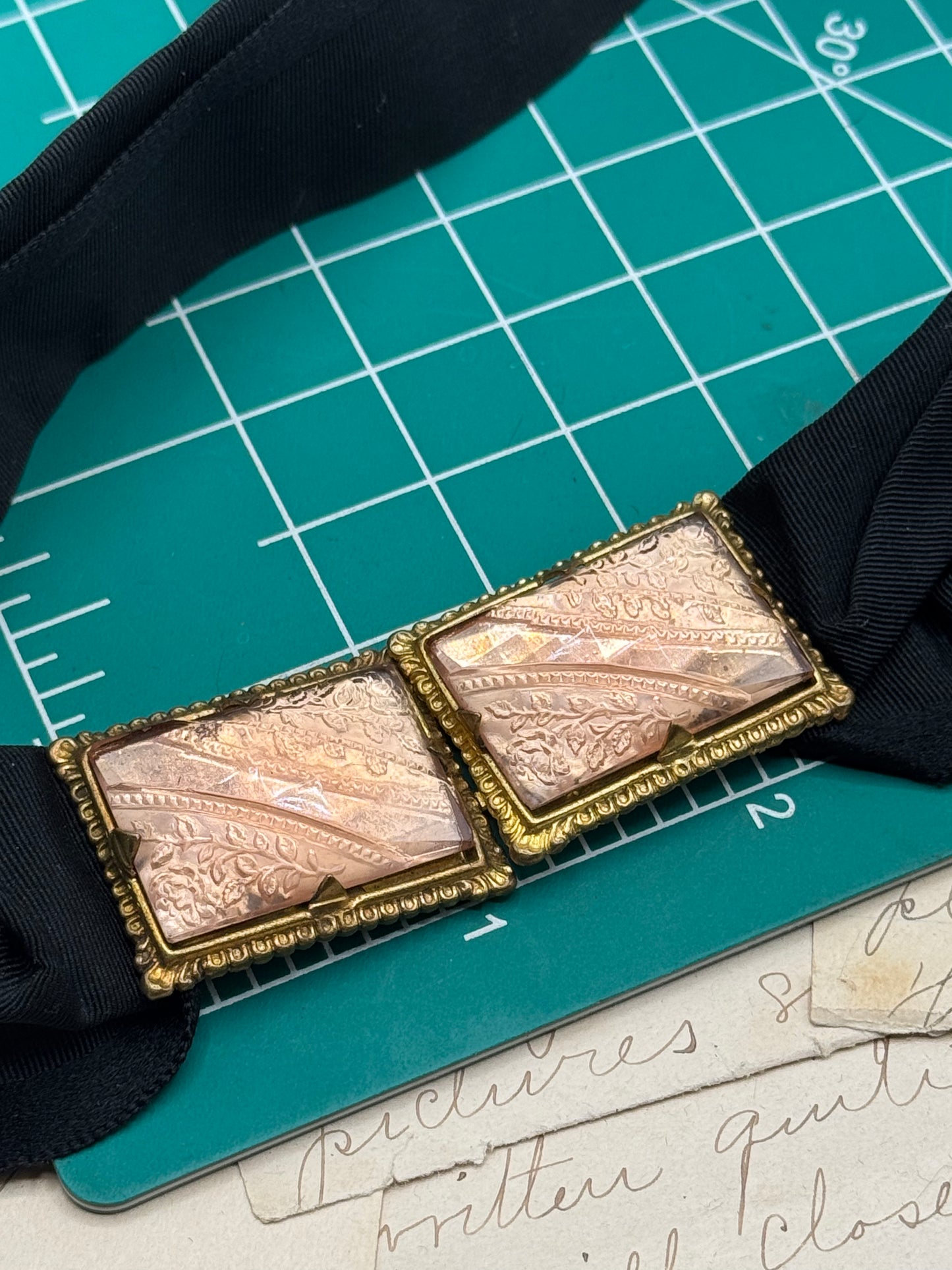 Antique Blush Pink Glass Brass Belt Buckle Black Taffeta Ribbon 2 X Circa 25”
