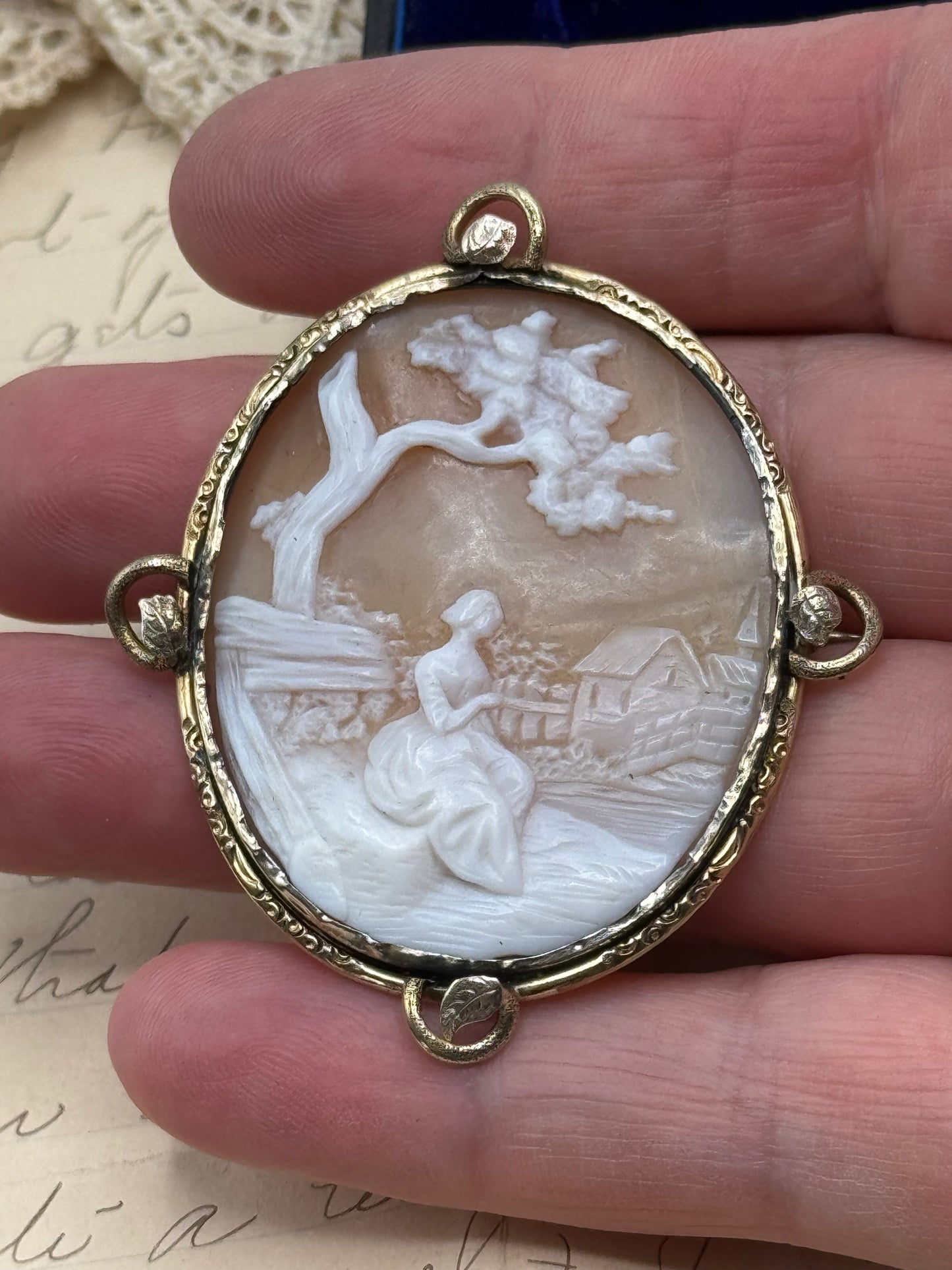 Antique Carved Cameo Rebecca At The Well Goldtone Frame AS IS‼️