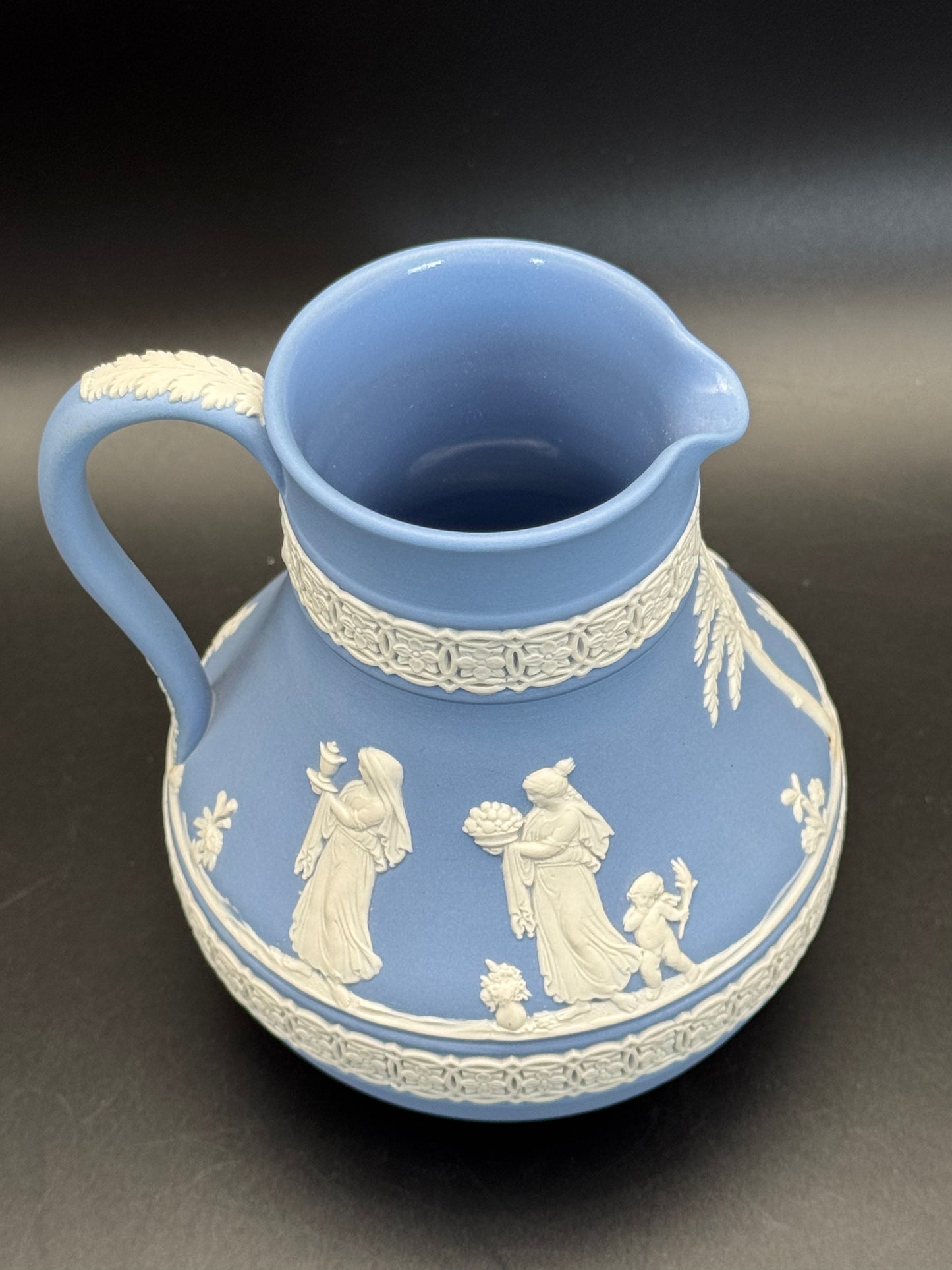 Vintage Blue Wedgwood Jasperware Neoclassical Scene 5" Pitcher SIGNED Wedgwood