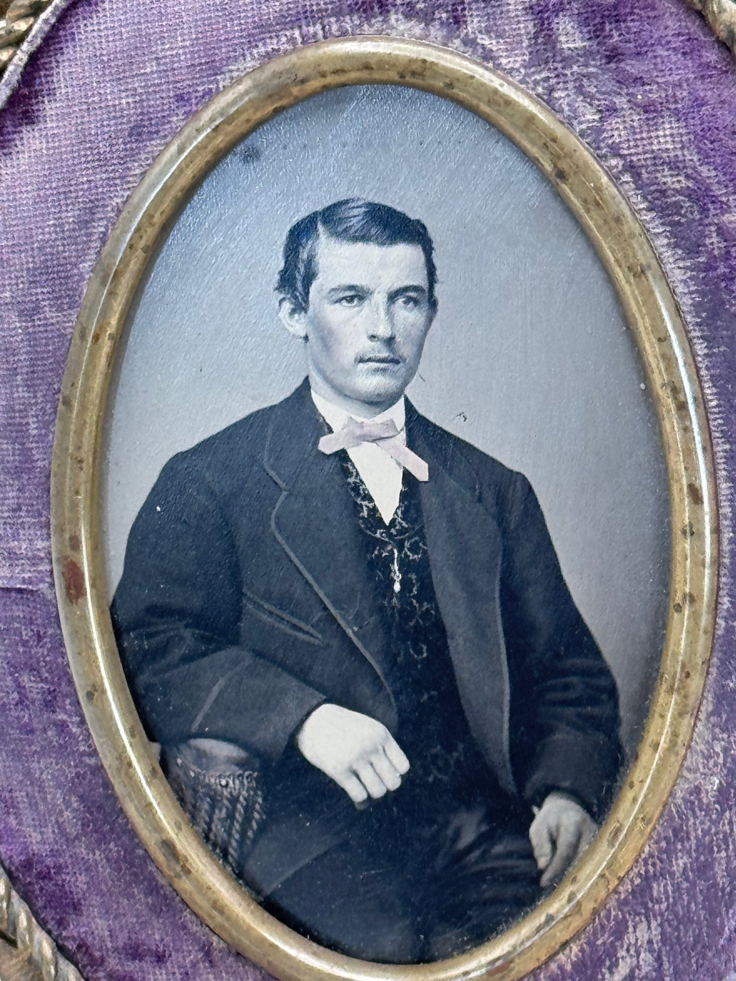 Antique Velvet Lavender Metal Frame & Tin Type Photo Young Gentleman RARE