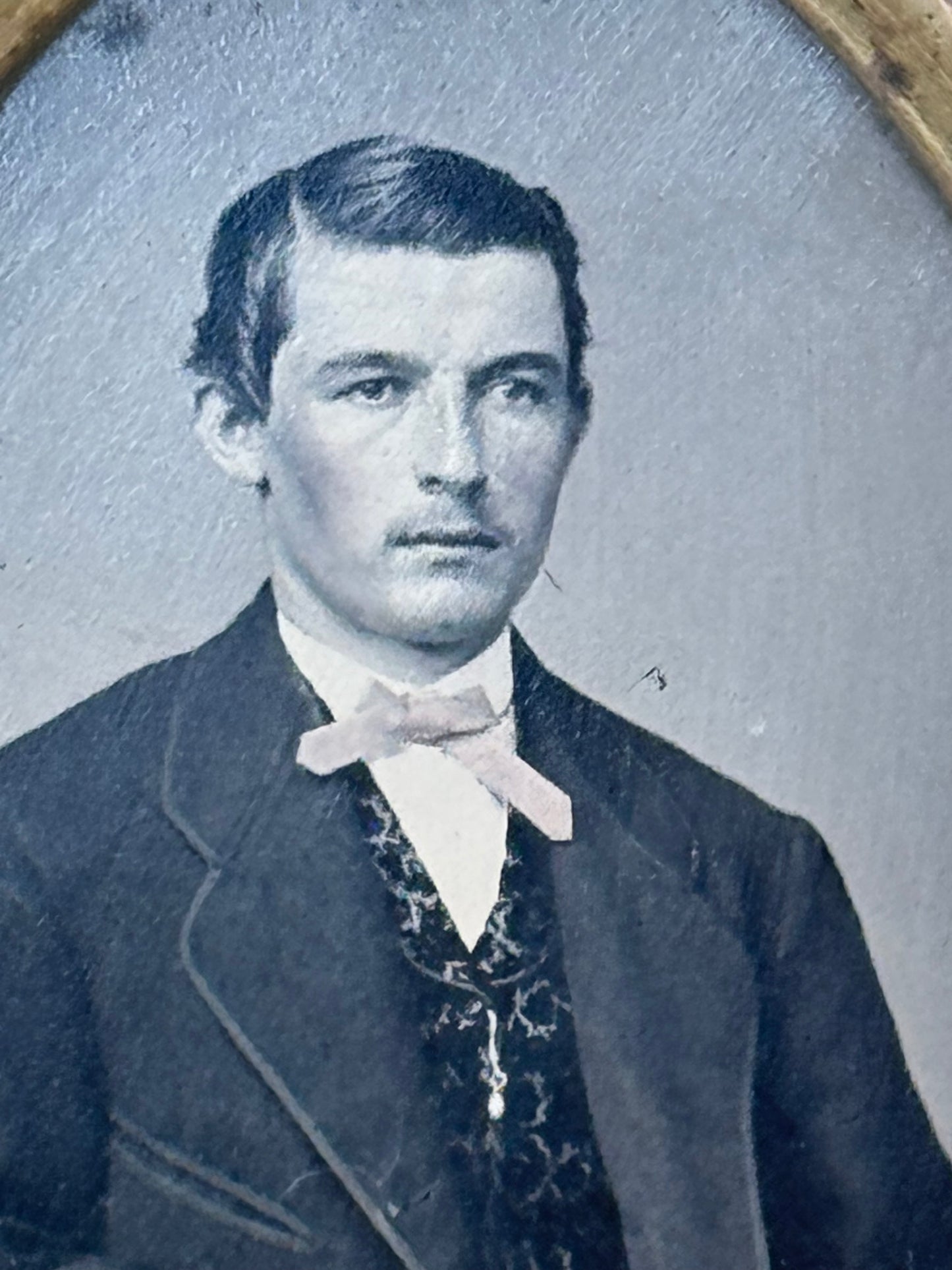 Antique Velvet Lavender Metal Frame & Tin Type Photo Young Gentleman RARE