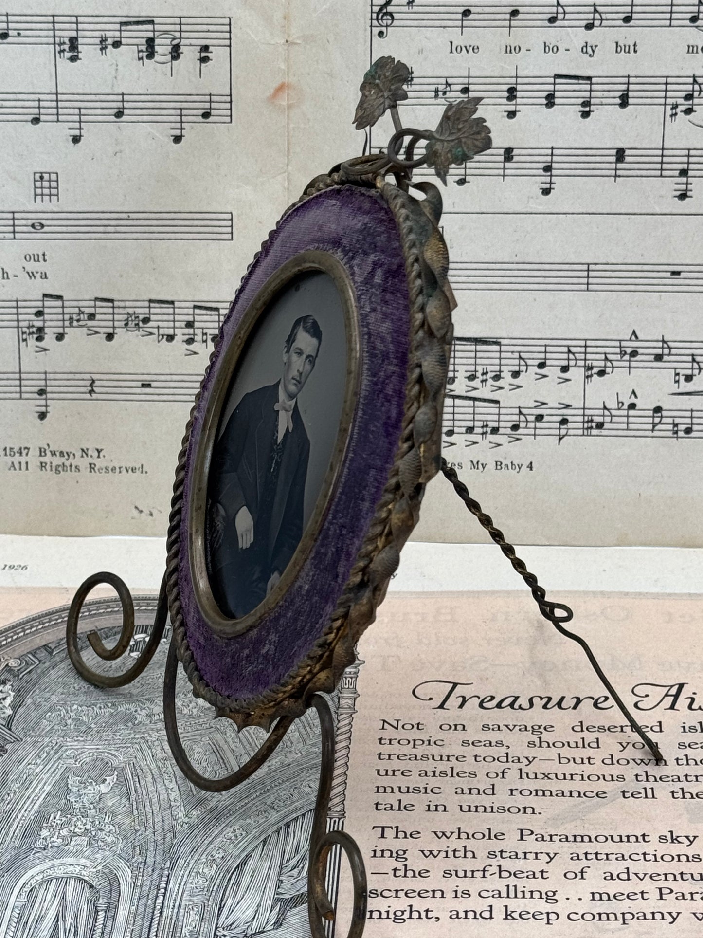 Antique Velvet Lavender Metal Frame & Tin Type Photo Young Gentleman RARE