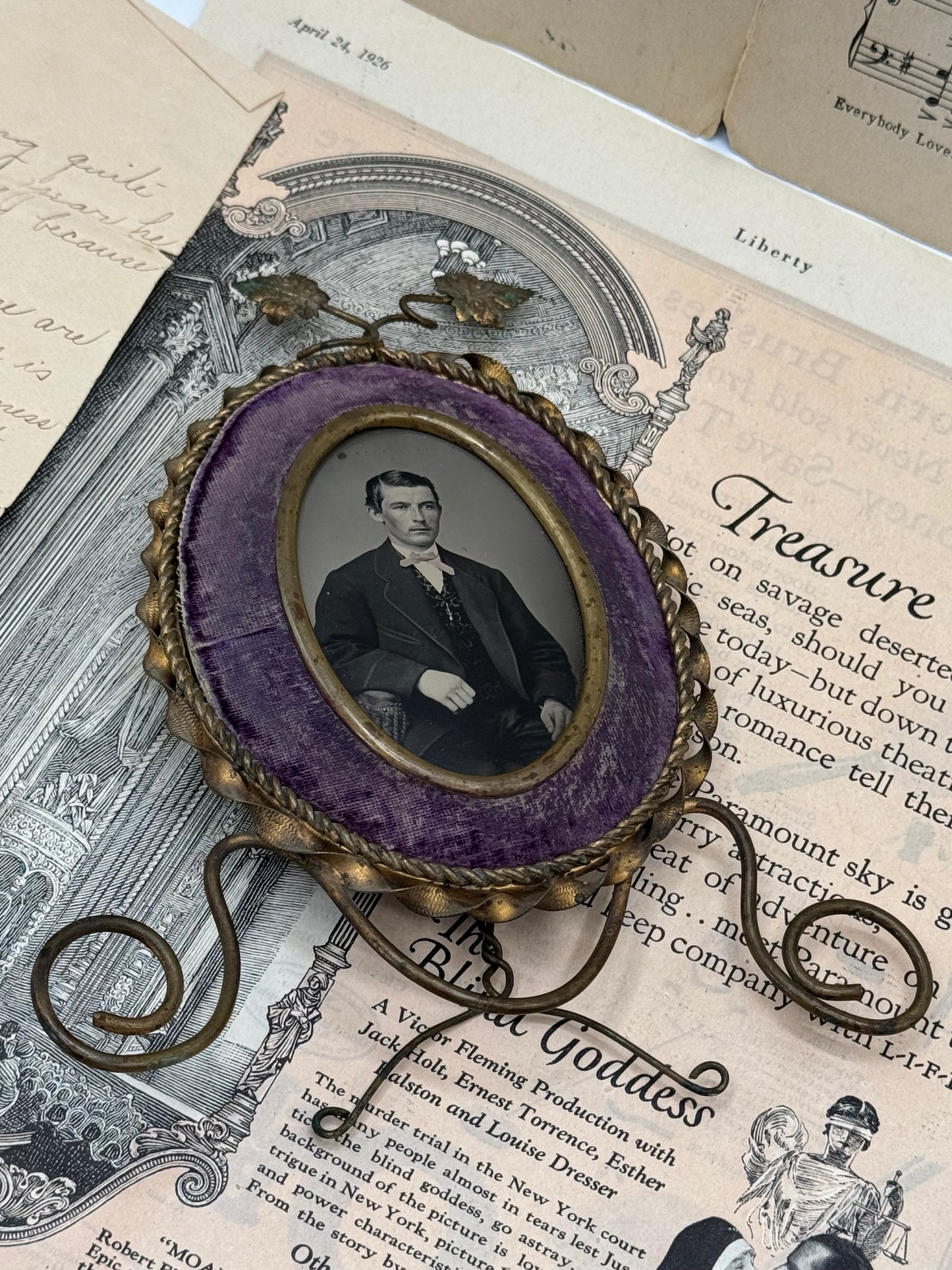 Antique Velvet Lavender Metal Frame & Tin Type Photo Young Gentleman RARE
