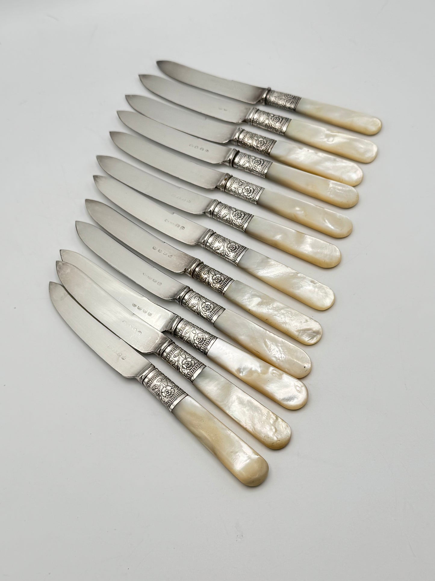 12 Antique MOTHER Of PEARL Fruit Knives Silverplate FERULE Floral Design Boxed