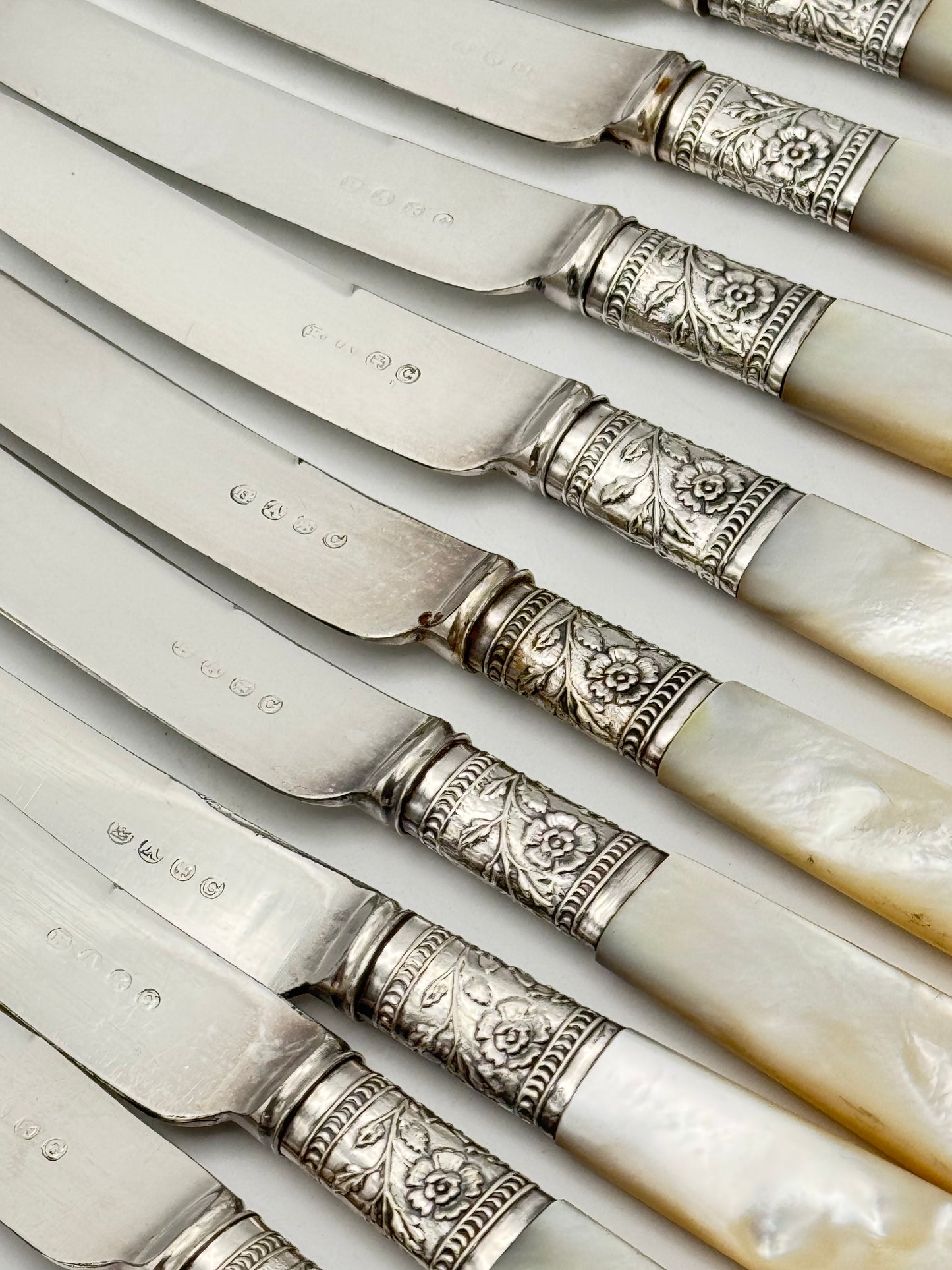 12 Antique MOTHER Of PEARL Fruit Knives Silverplate FERULE Floral Design Boxed