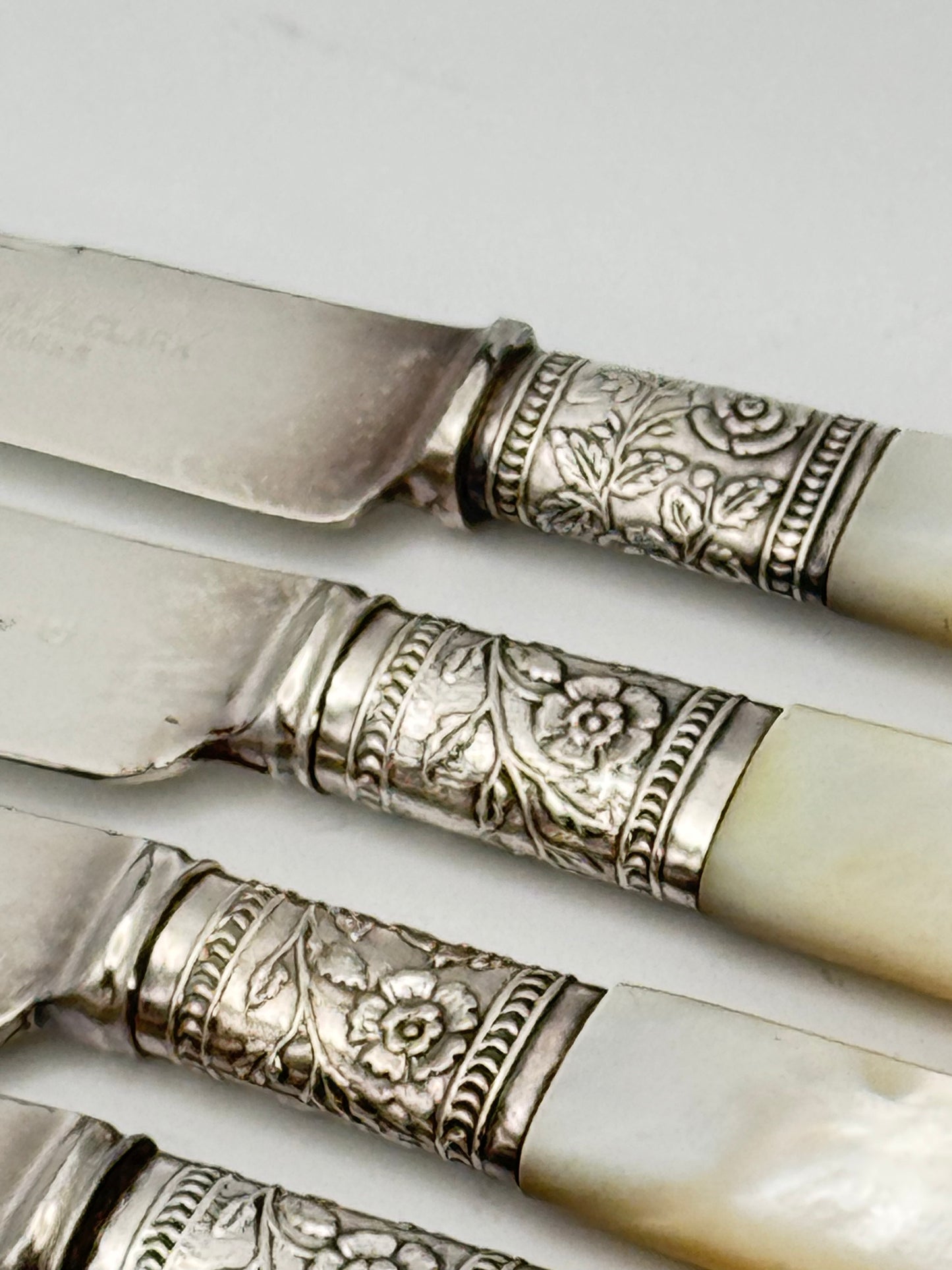 12 Antique MOTHER Of PEARL Fruit Knives Silverplate FERULE Floral Design Boxed