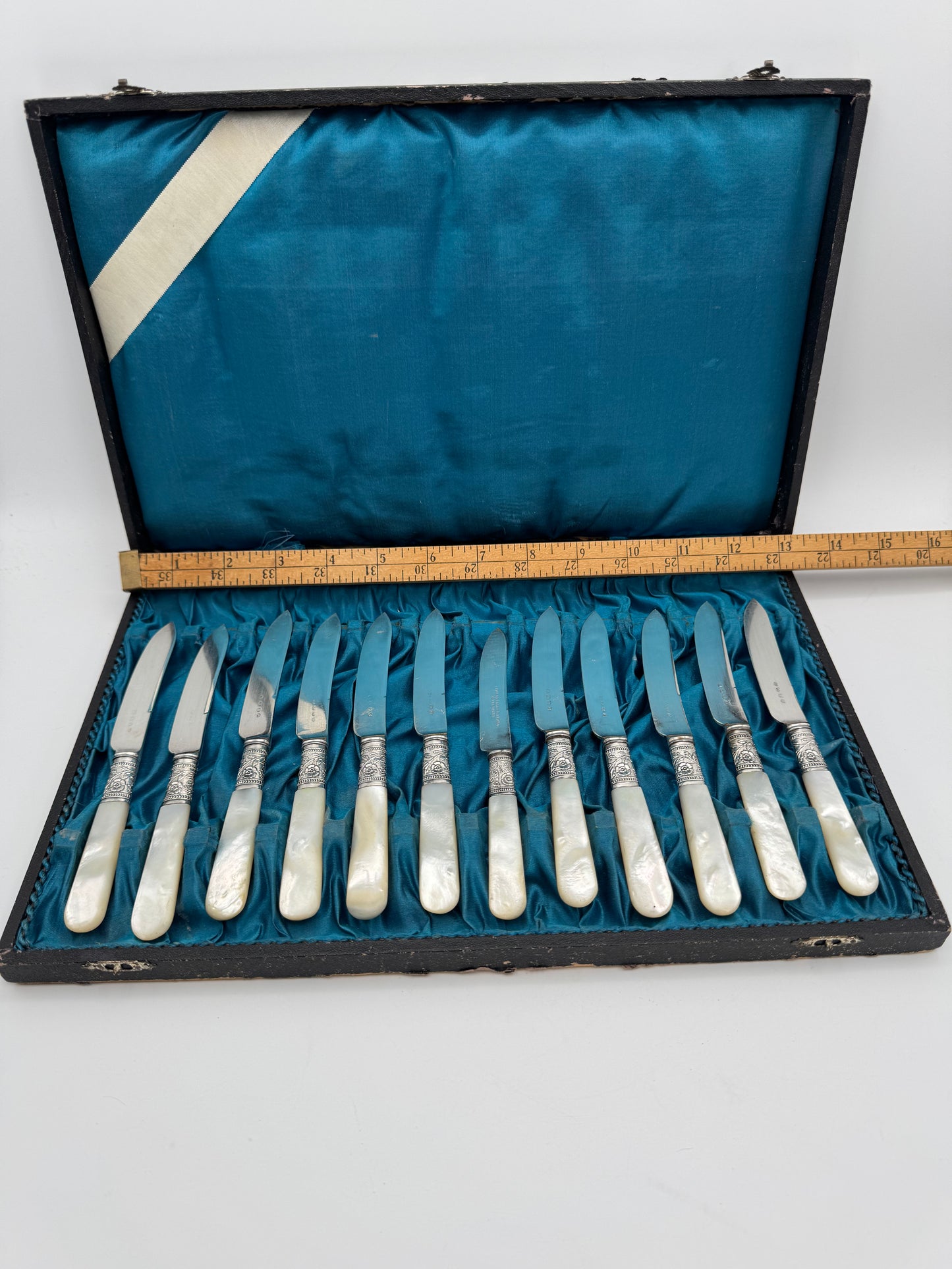 12 Antique MOTHER Of PEARL Fruit Knives Silverplate FERULE Floral Design Boxed