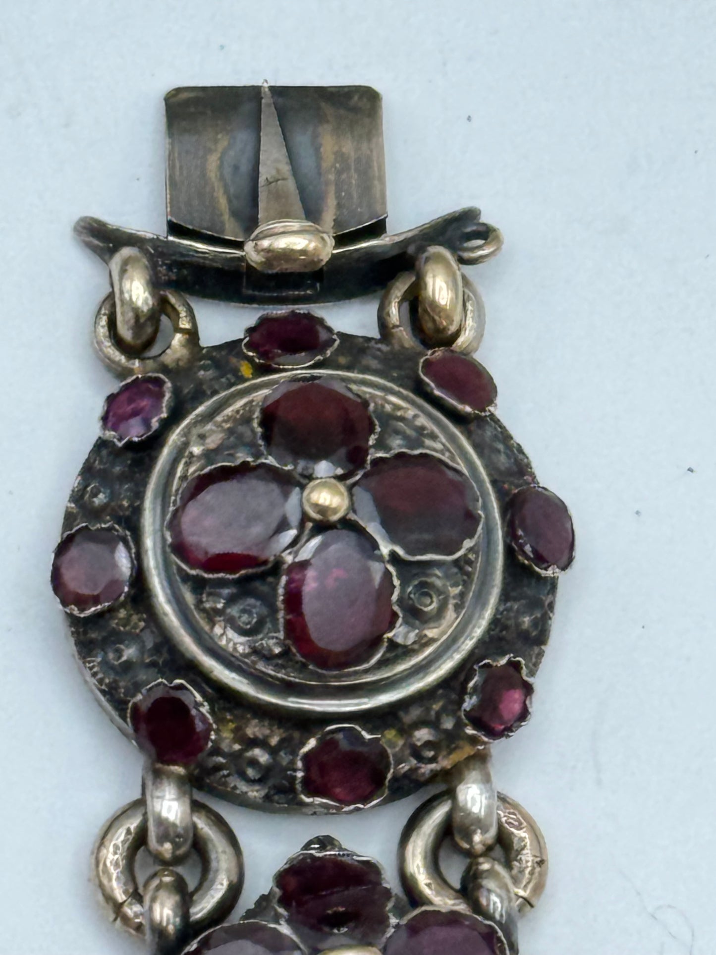 ANTIQUE GEORGIAN Repoussé Bracelet in Silver with Table Cut Garnets