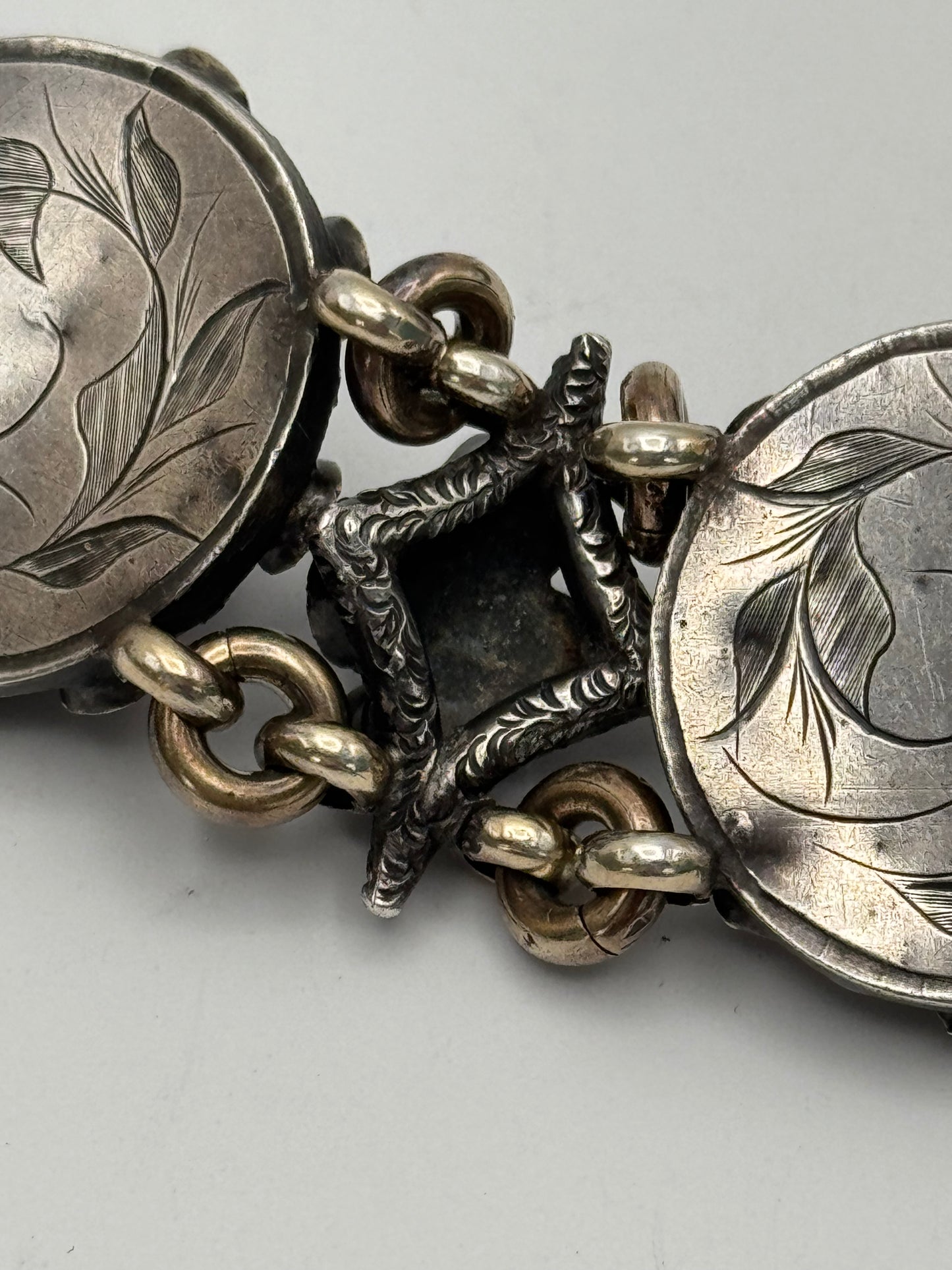ANTIQUE GEORGIAN Repoussé Bracelet in Silver with Table Cut Garnets