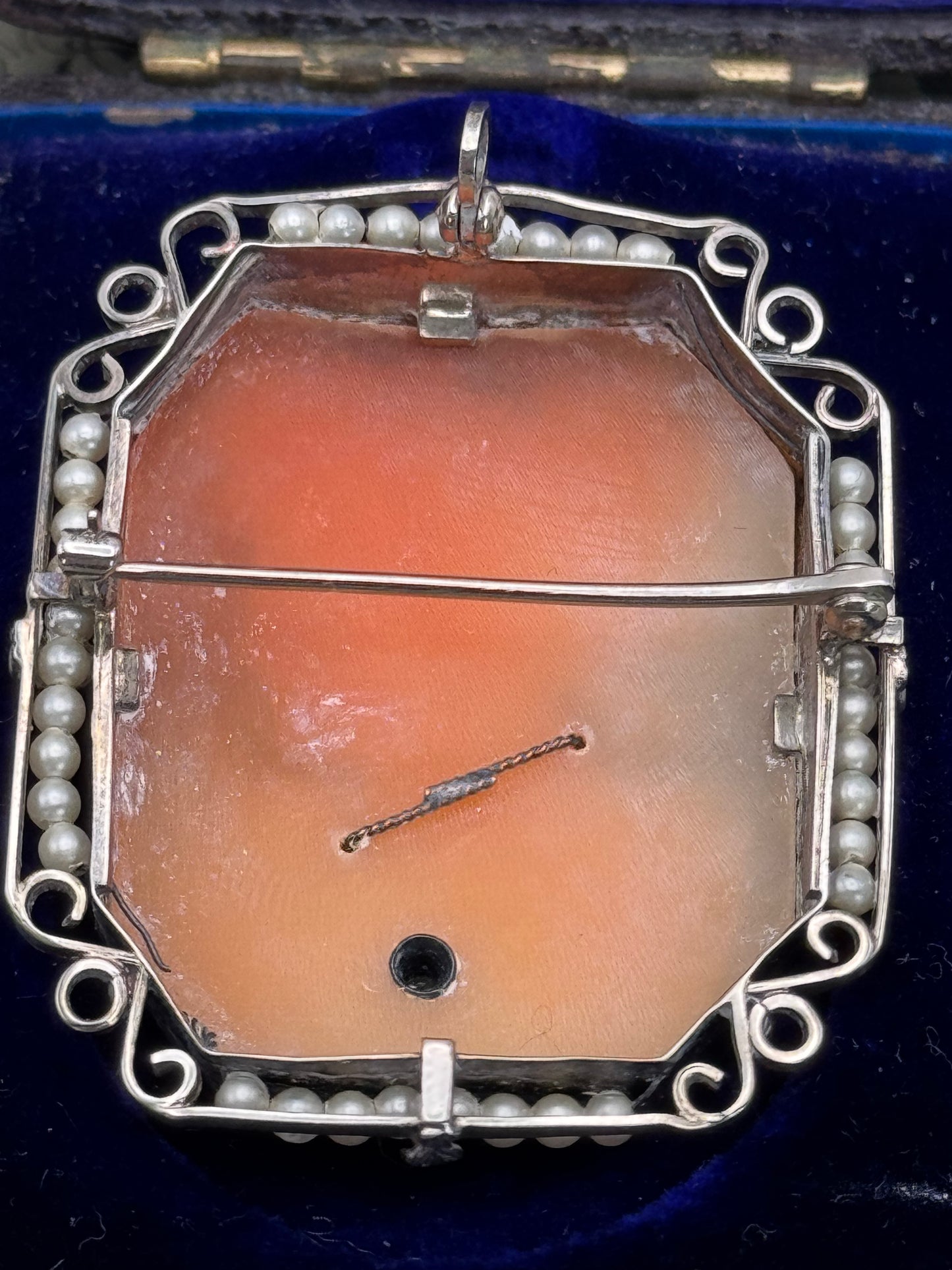 ART DECO CAMEO Habille with DIAMOND 14k WHITE GOLD BROOCH PENDANT