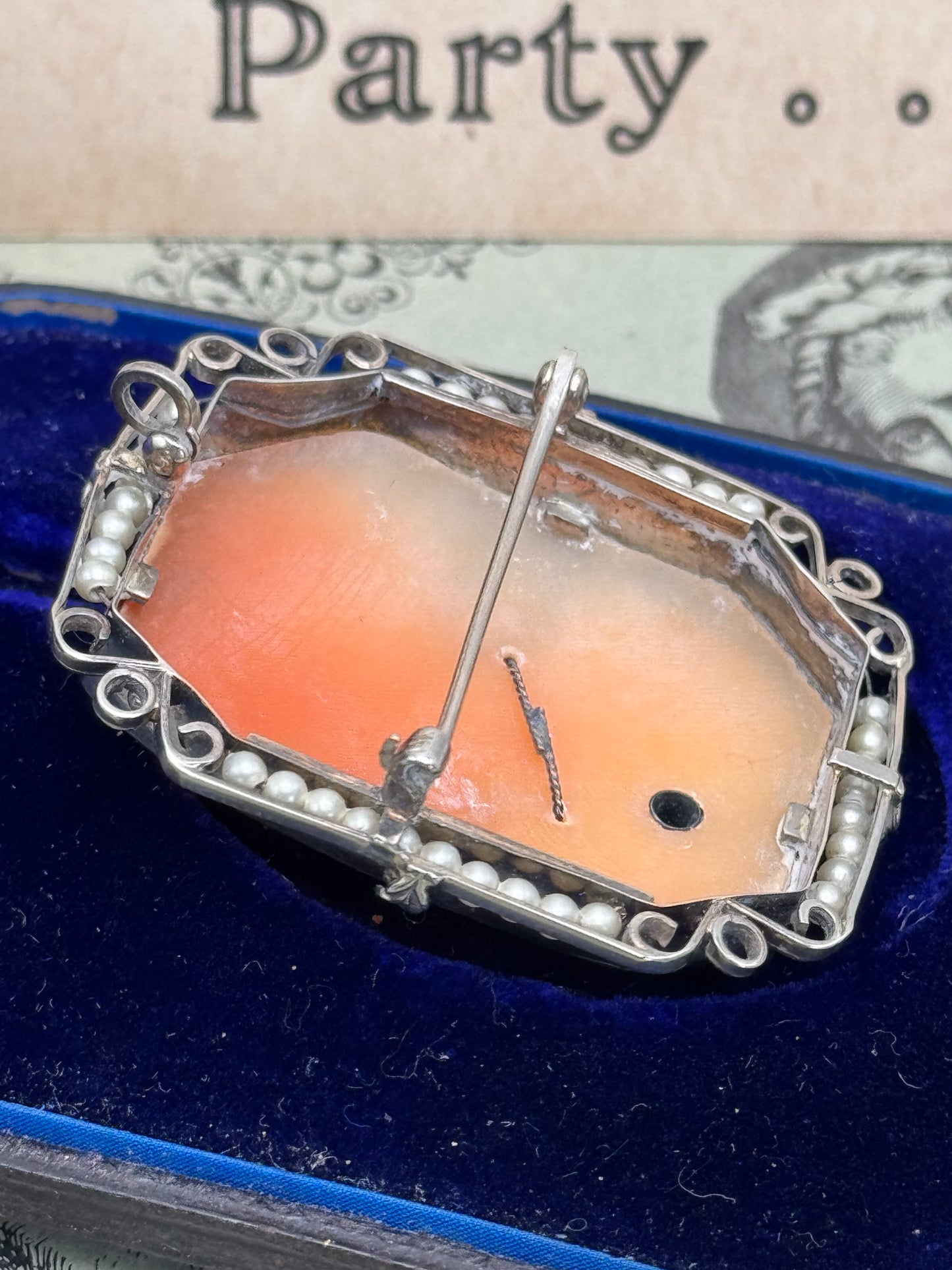 ART DECO CAMEO Habille with DIAMOND 14k WHITE GOLD BROOCH PENDANT