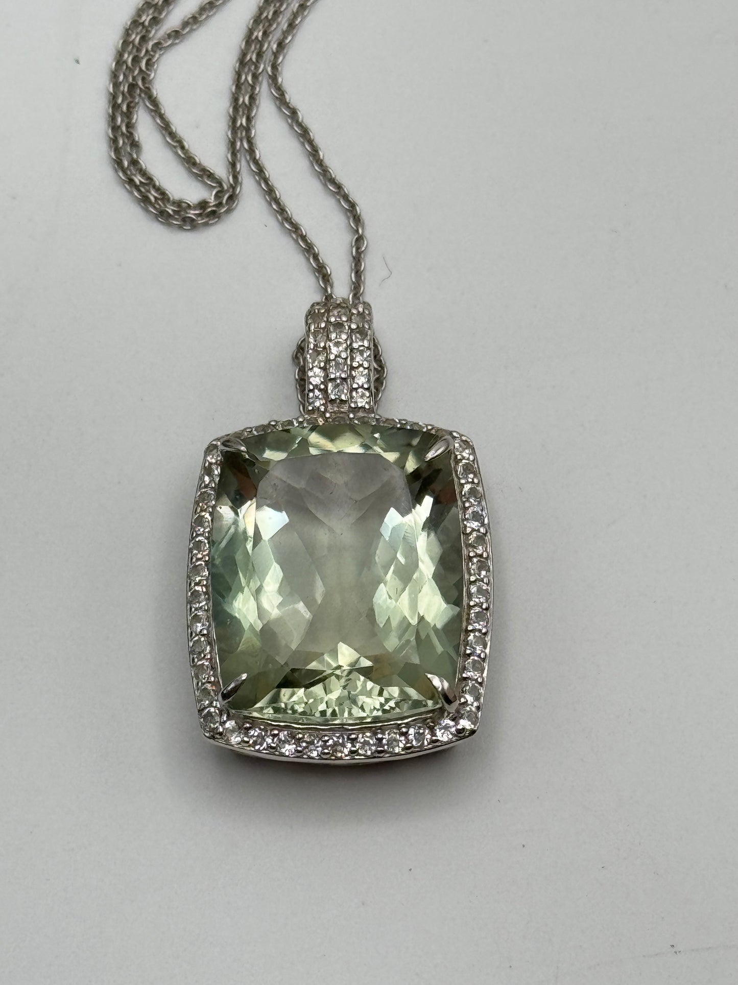 Large Green Amethyst Sterling Pendant circa 21” Long Delicate Sterling Chain