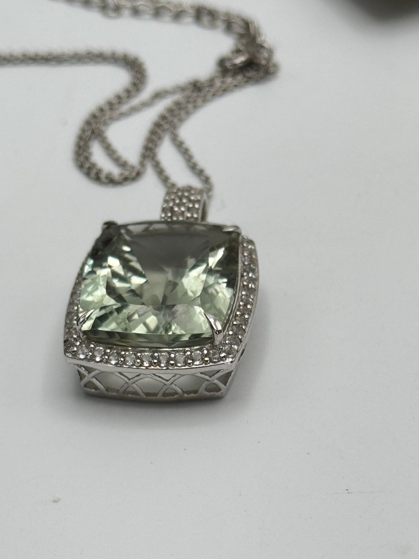 Large Green Amethyst Sterling Pendant circa 21” Long Delicate Sterling Chain