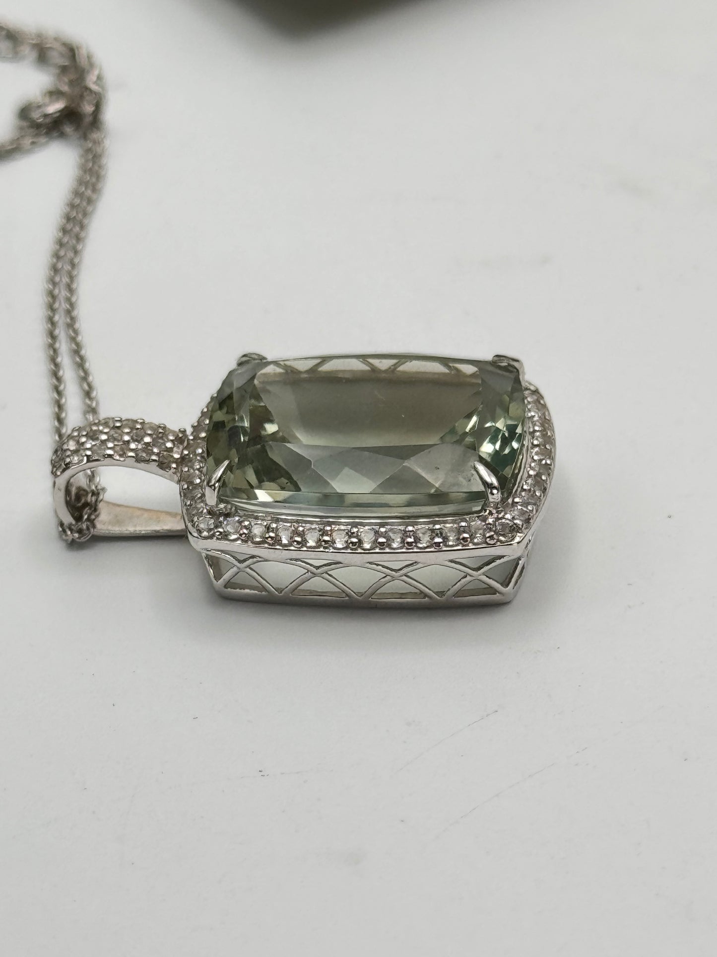 Large Green Amethyst Sterling Pendant circa 21” Long Delicate Sterling Chain
