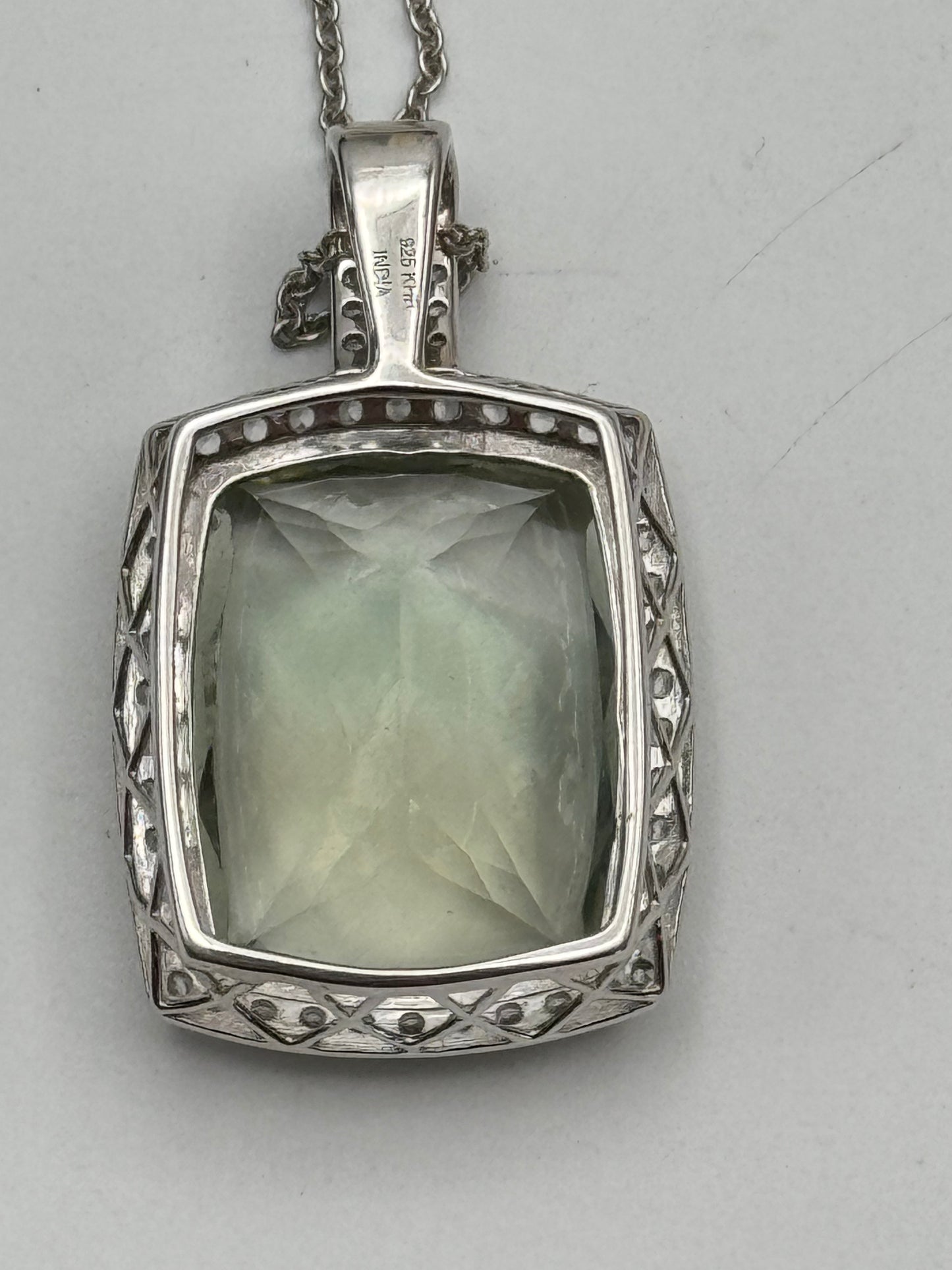 Large Green Amethyst Sterling Pendant circa 21” Long Delicate Sterling Chain