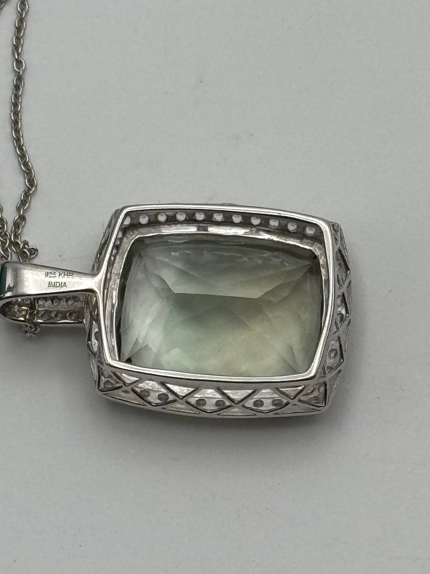 Large Green Amethyst Sterling Pendant circa 21” Long Delicate Sterling Chain