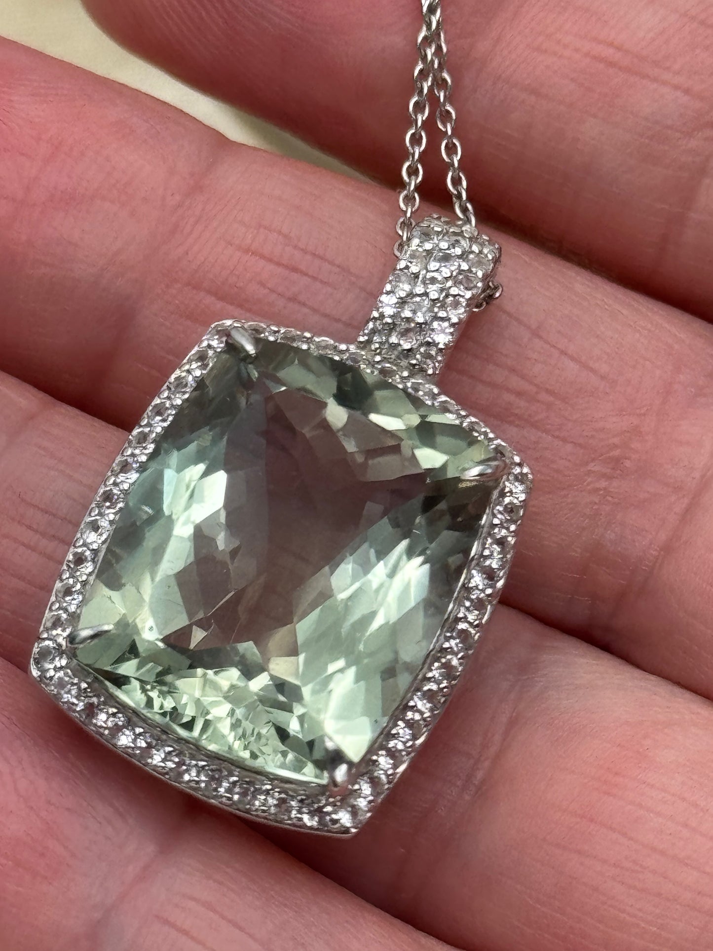 Large Green Amethyst Sterling Pendant circa 21” Long Delicate Sterling Chain